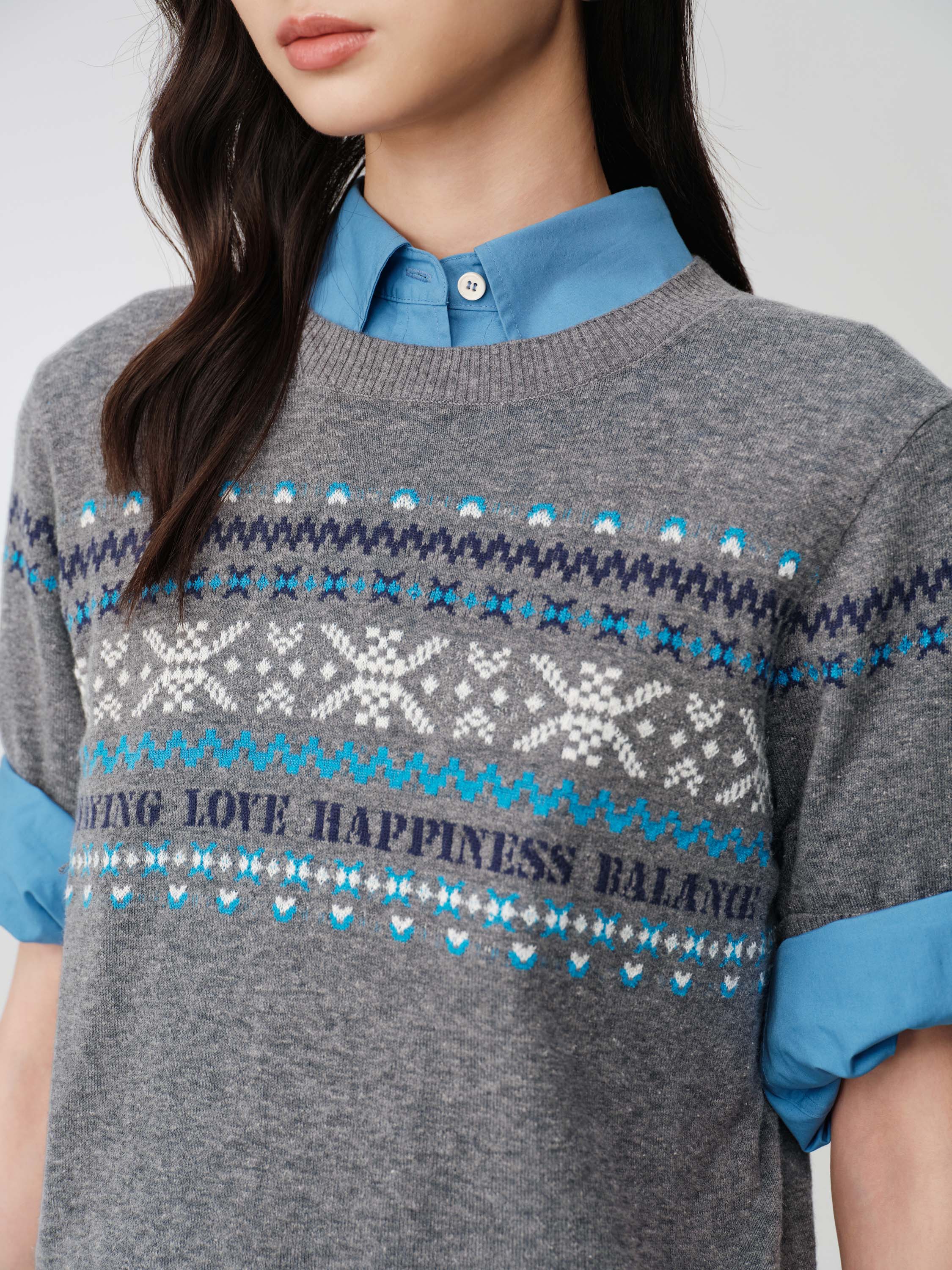 EP YAYING Fair Isle Vintage Jacquard Short-Sleeve Knit Top