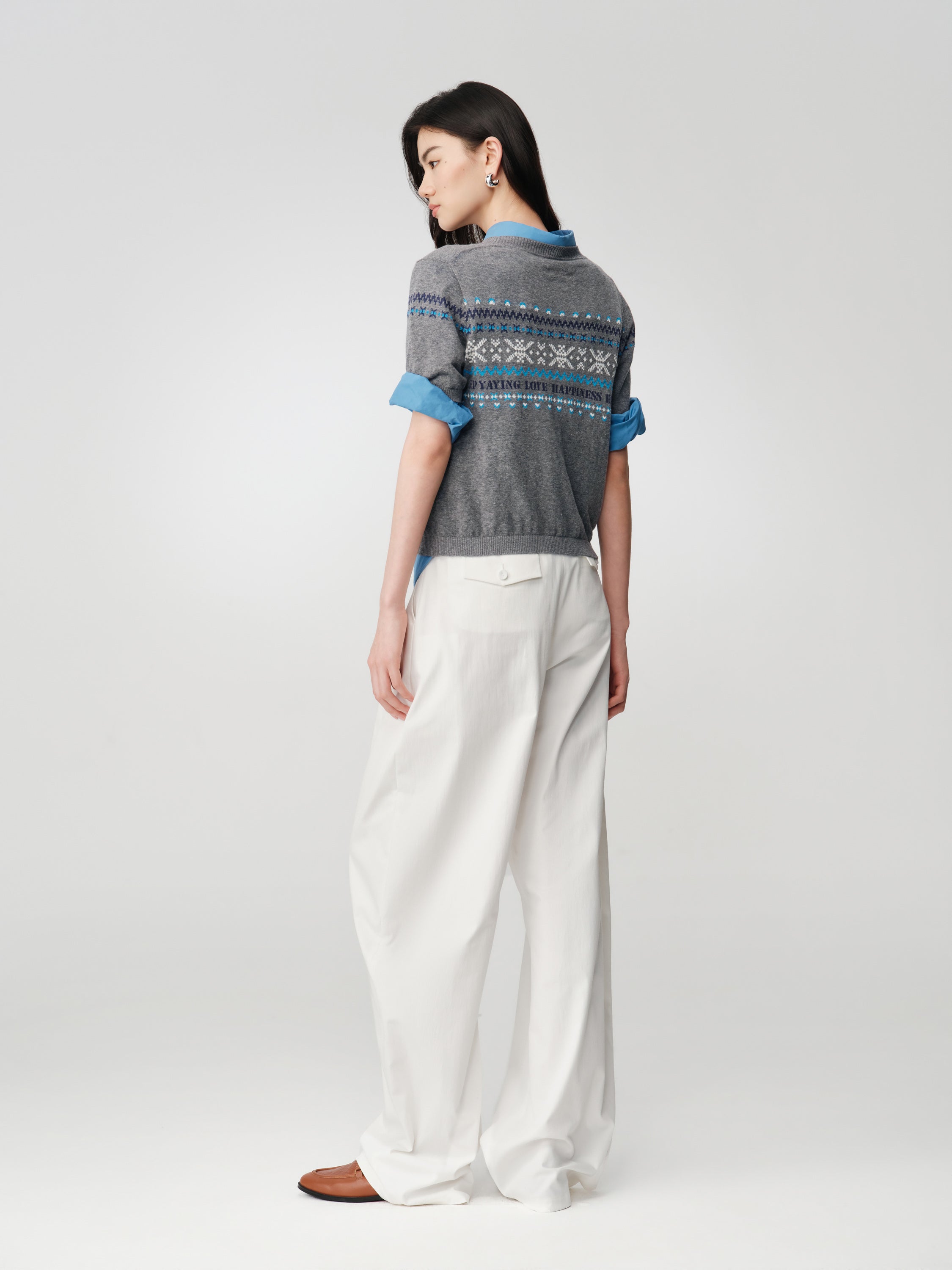 EP YAYING Fair Isle Vintage Jacquard Short-Sleeve Knit Top