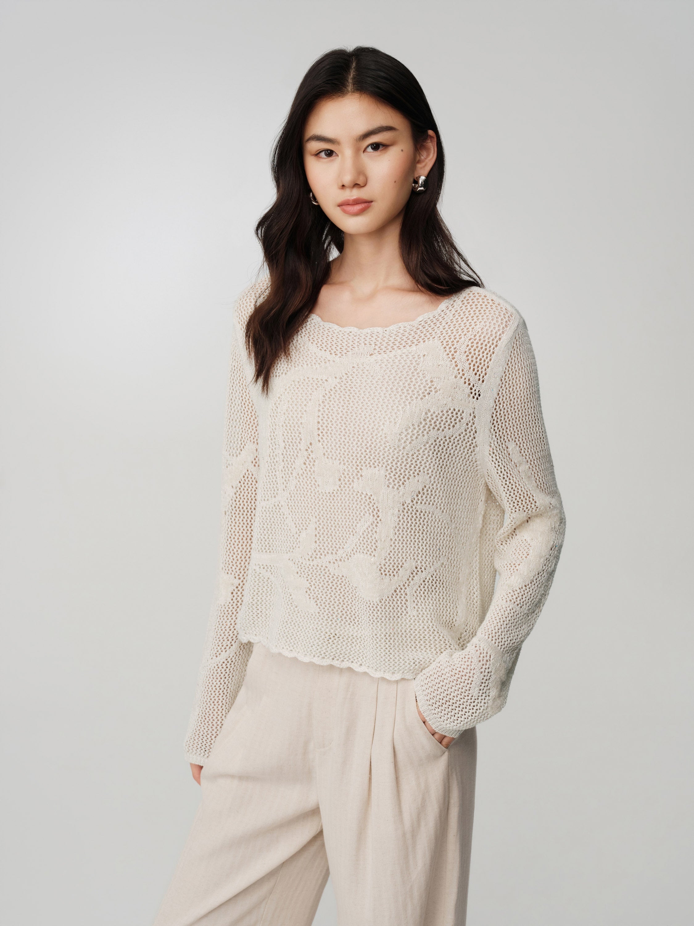 EP YAYING Drop-Shoulder Open-Knit Top