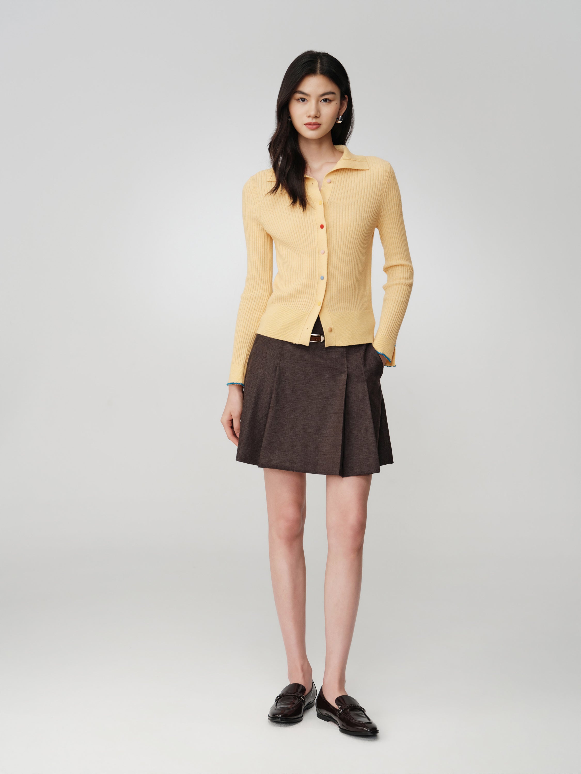 EP YAYING Colorful Button Ribbed Stand-Collar Cardigan