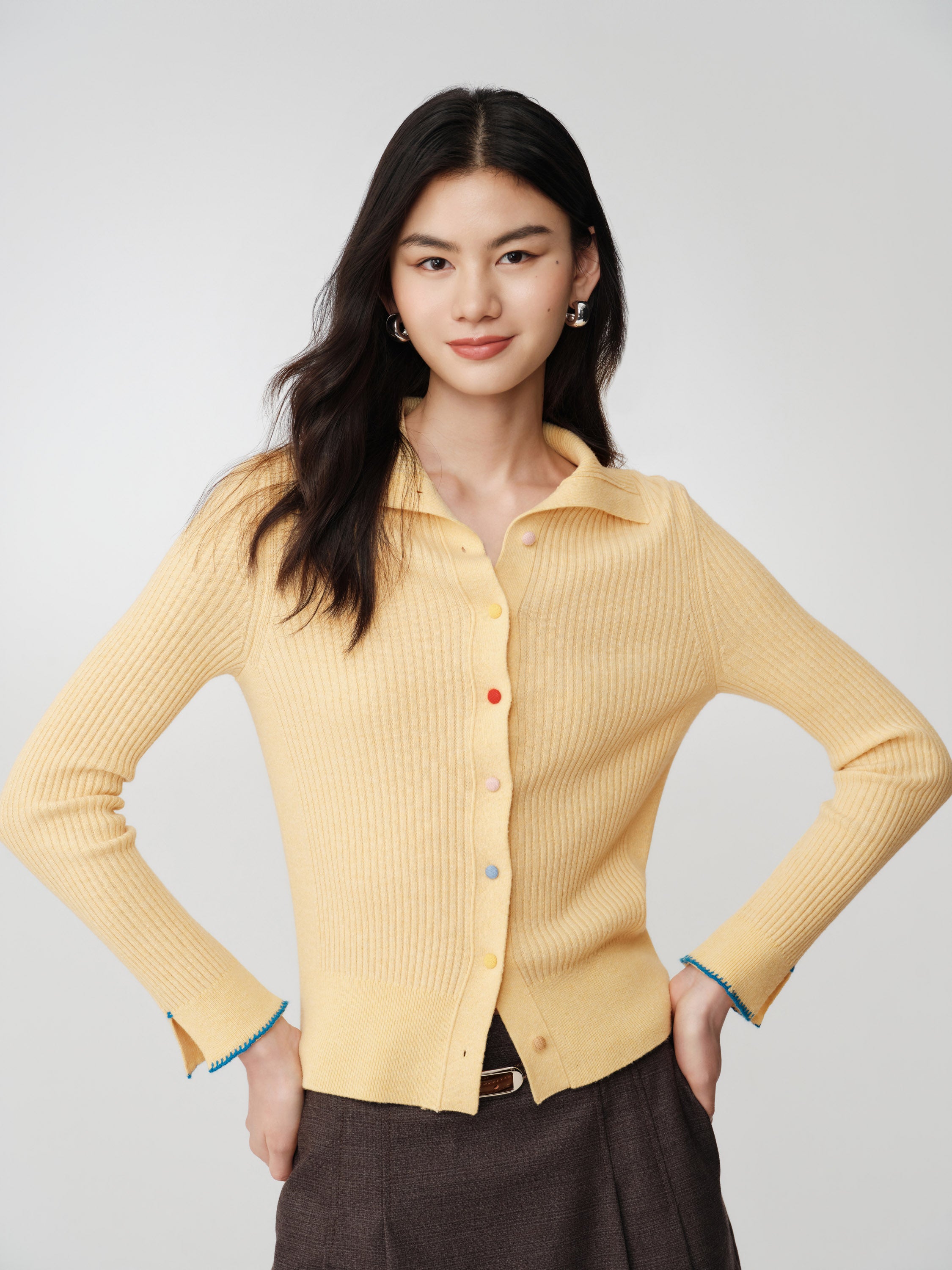 EP YAYING Colorful Button Ribbed Stand-Collar Cardigan