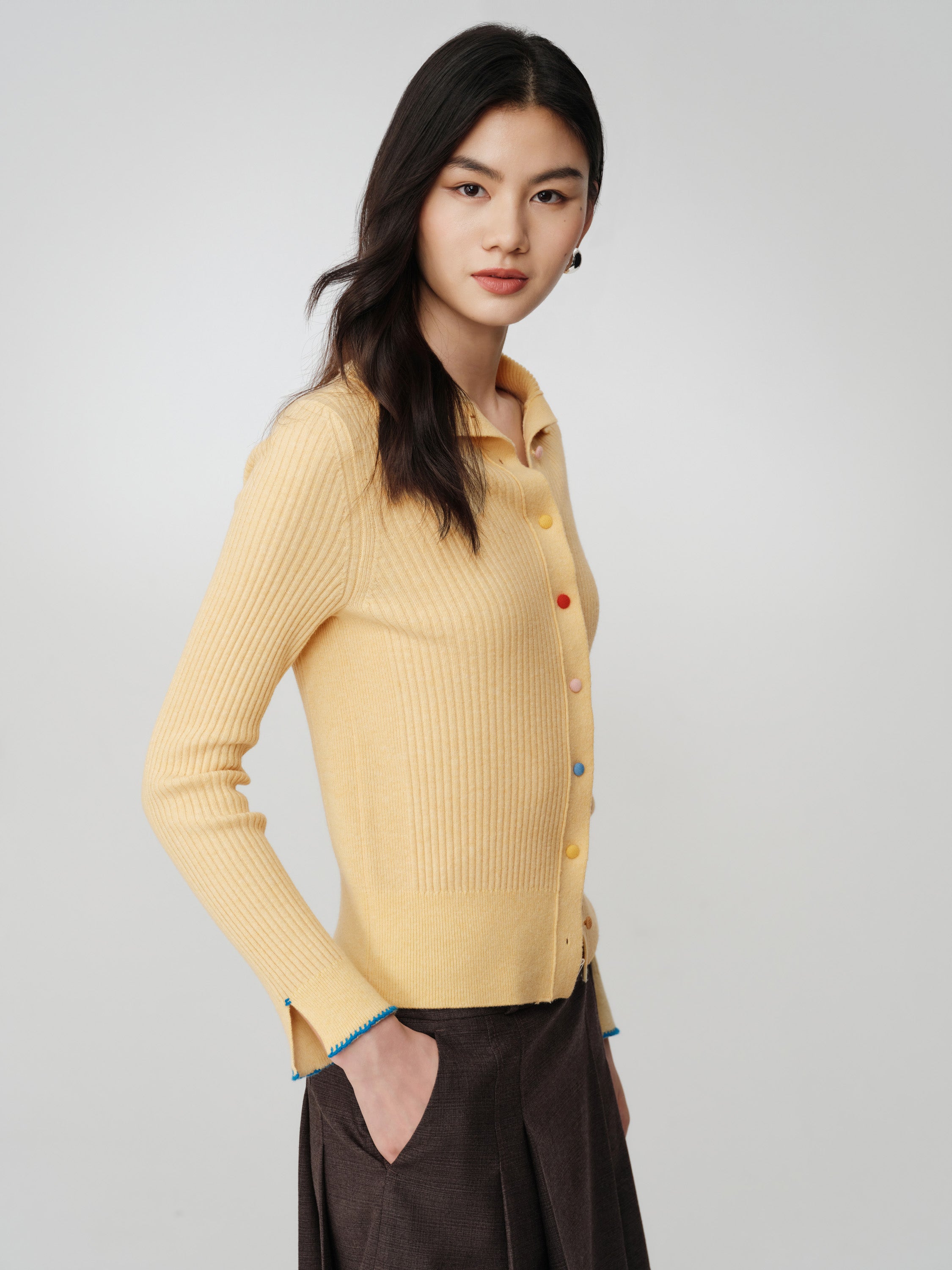 EP YAYING Colorful Button Ribbed Stand-Collar Cardigan