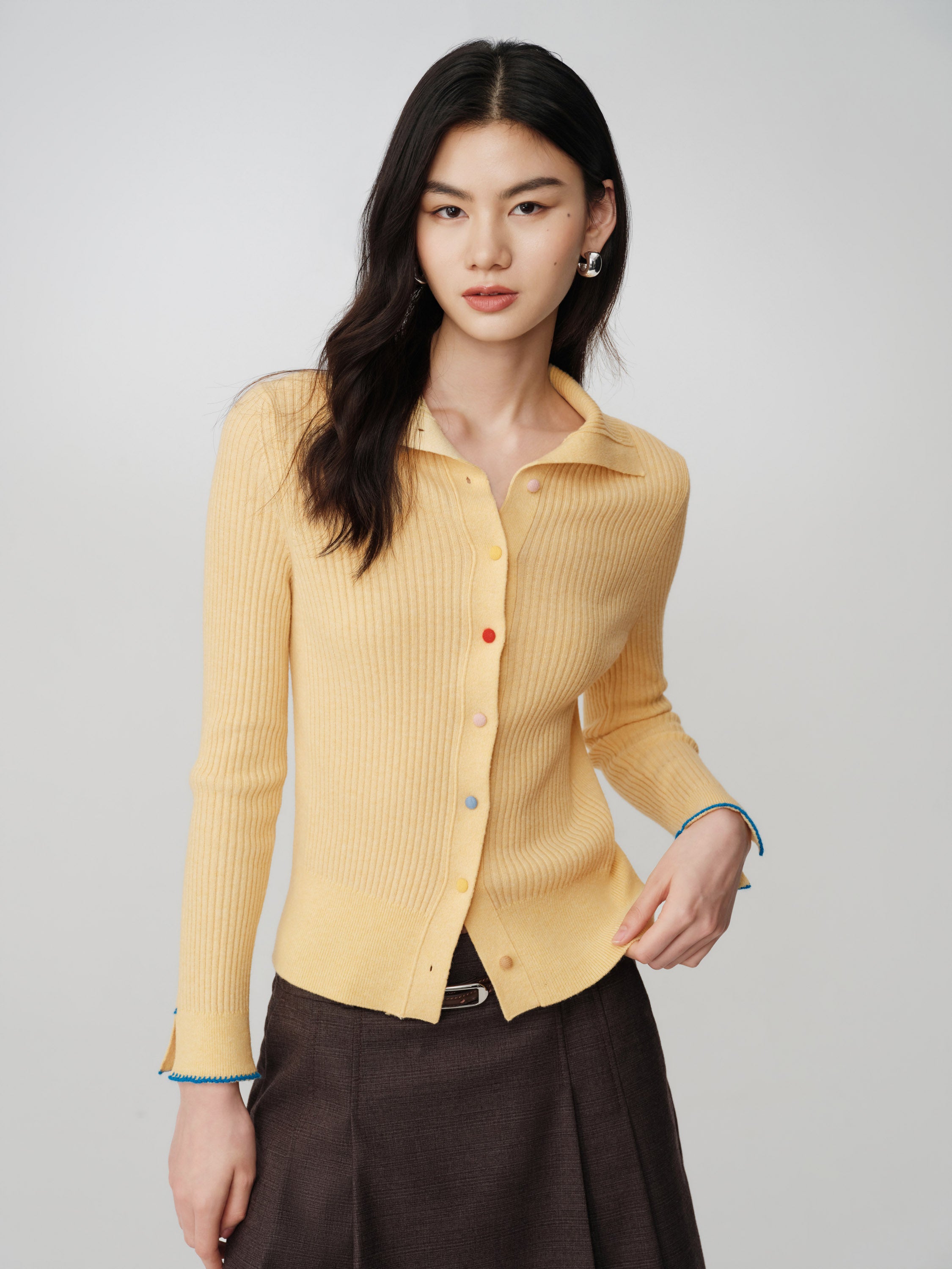 EP YAYING Colorful Button Ribbed Stand-Collar Cardigan