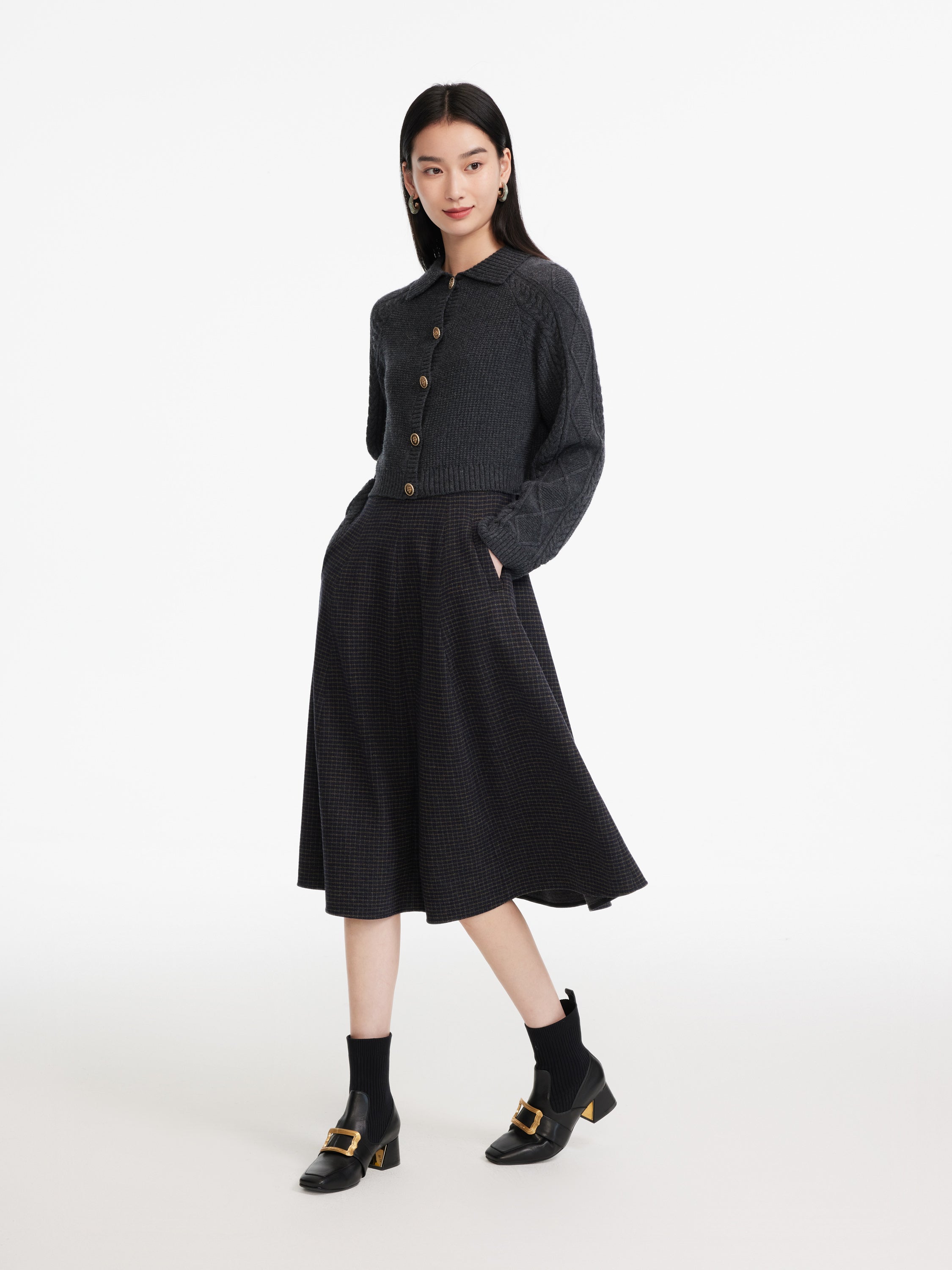 EP YAYING Wool Plaid Skirt