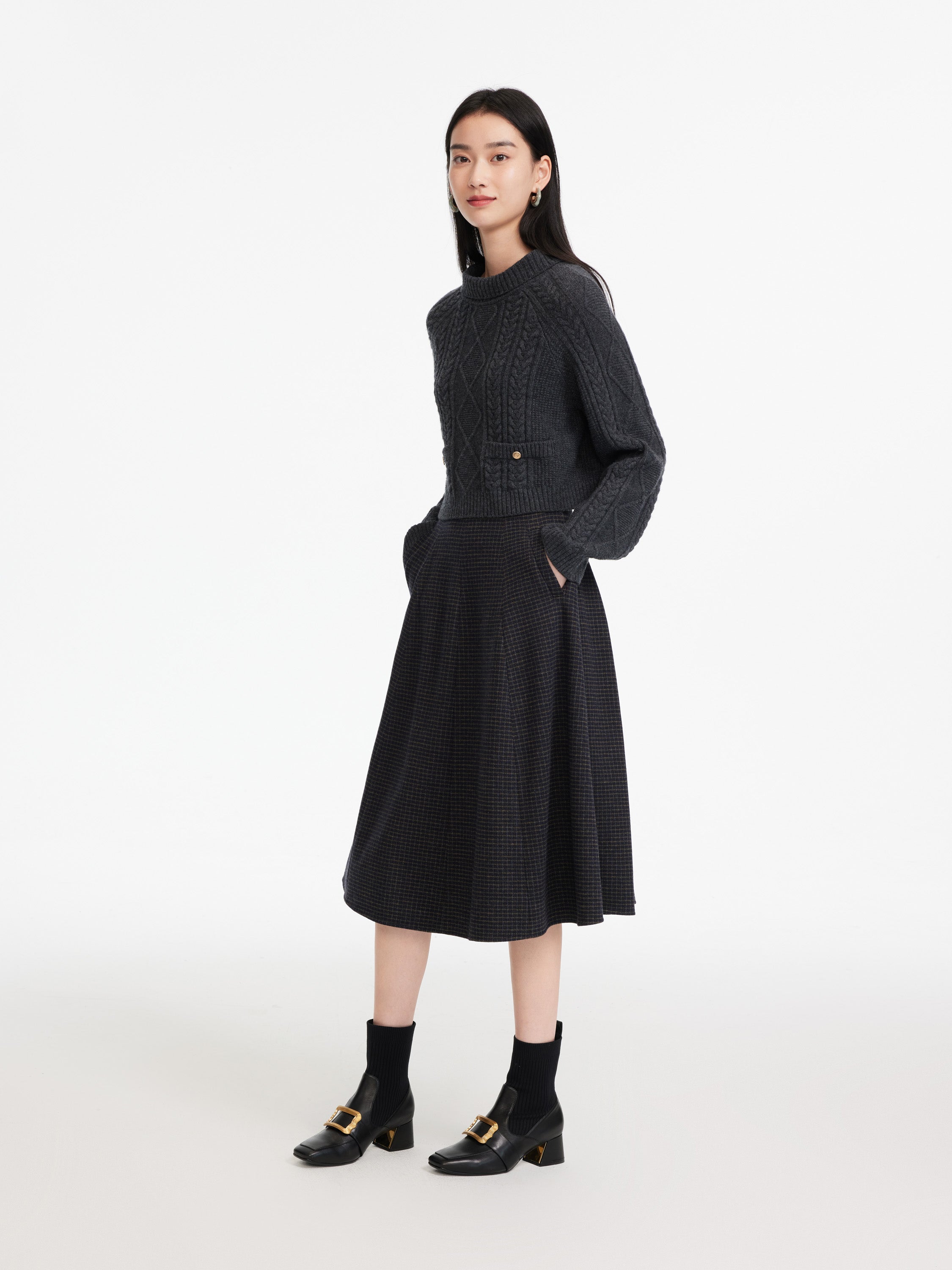 EP YAYING Wool Plaid Skirt