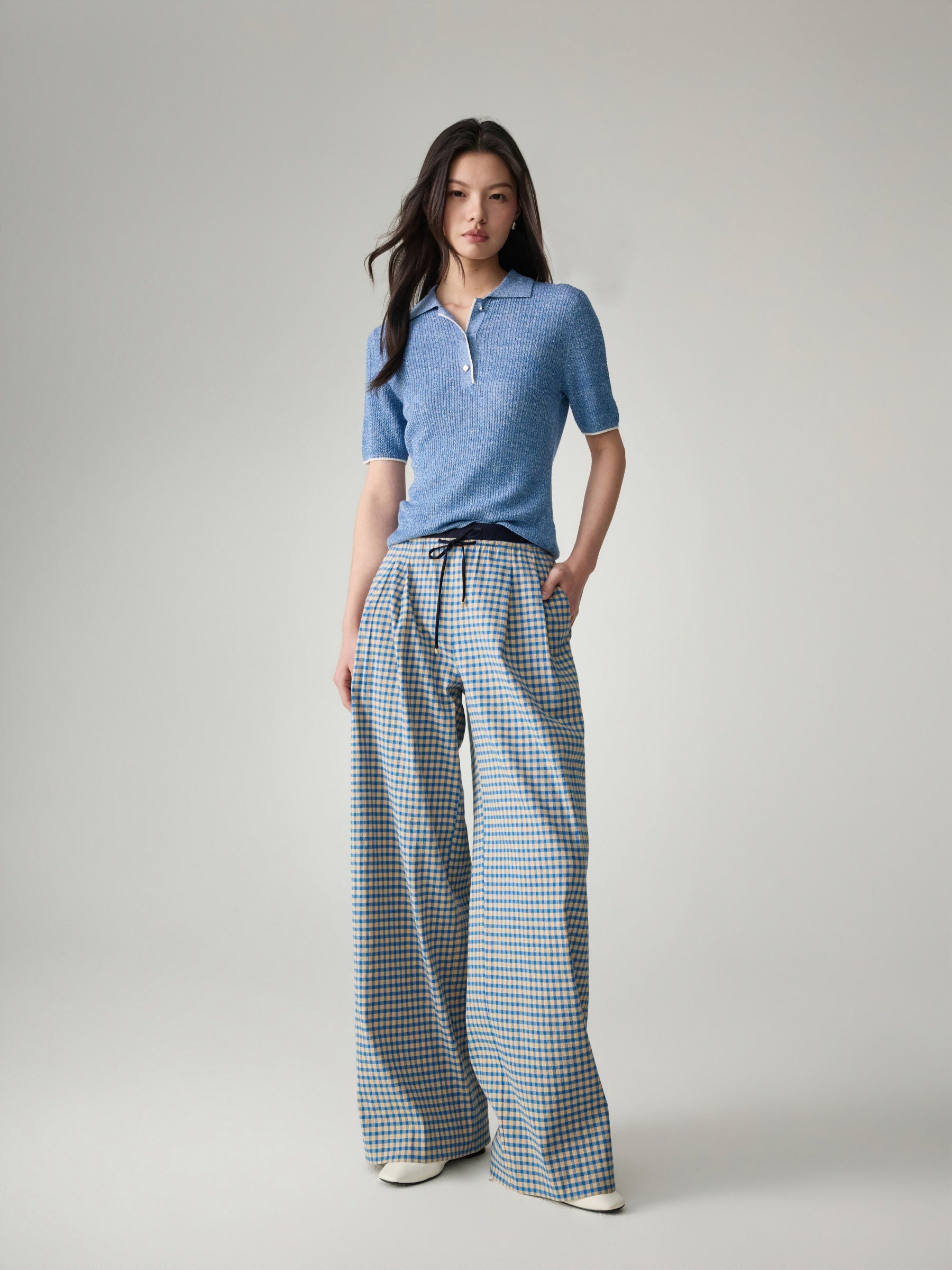 EP YAYING Cotton Check Pleated Wide Leg Pants