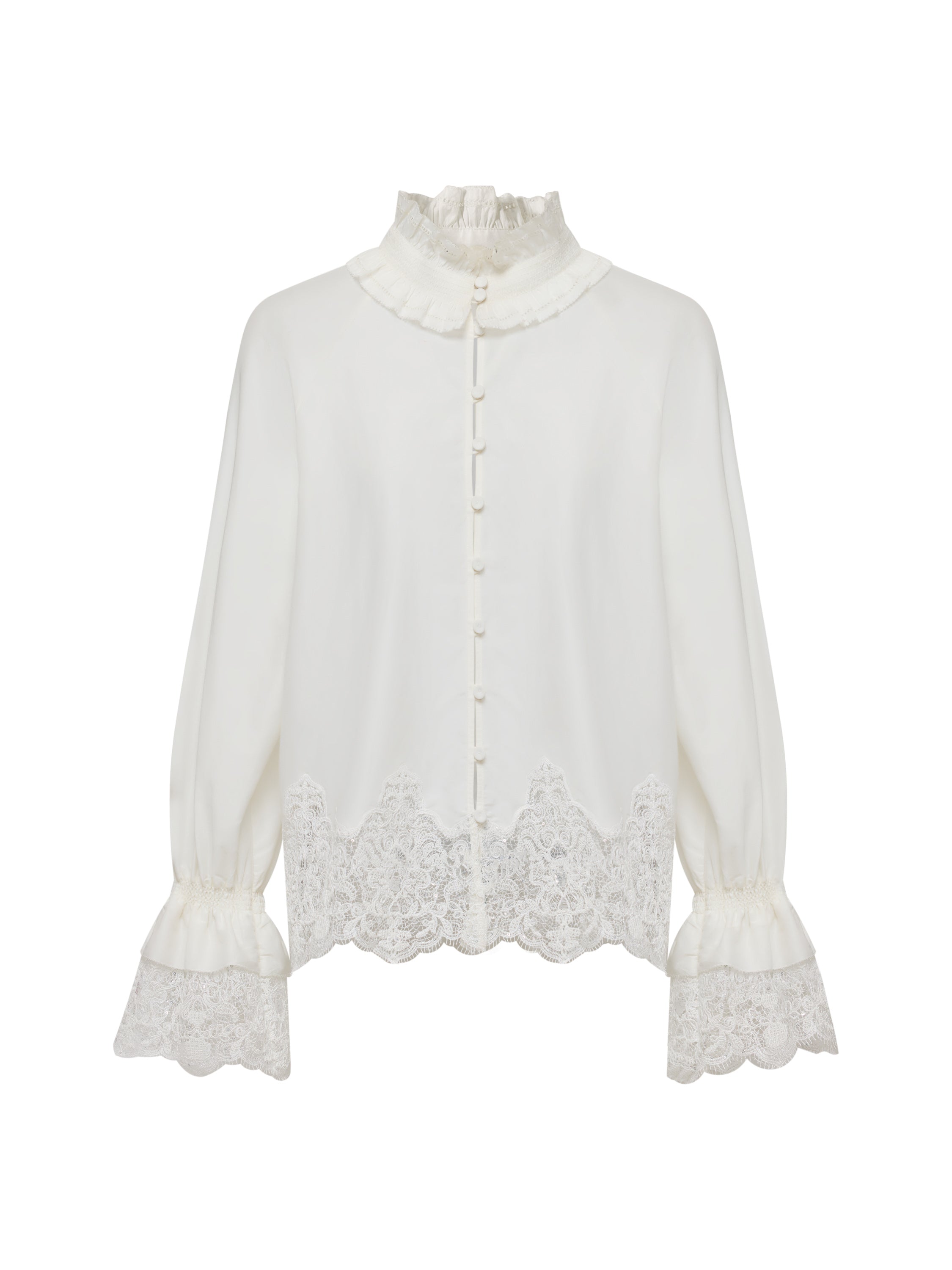 EP YAYING Lace-Splice Gathered High-Neck Blouse EGLIC2133A