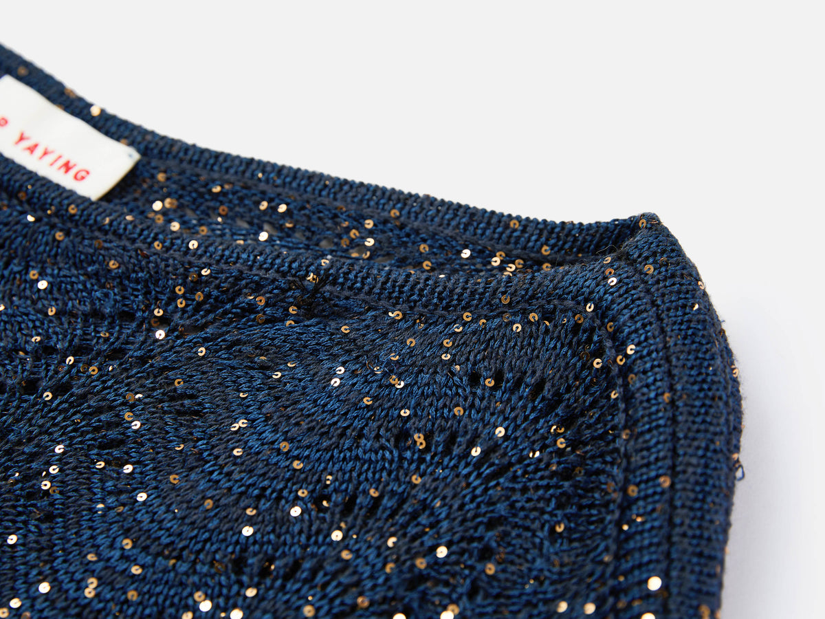 EP YAYING Sequin Embroidery Designer Cropped Knit Top