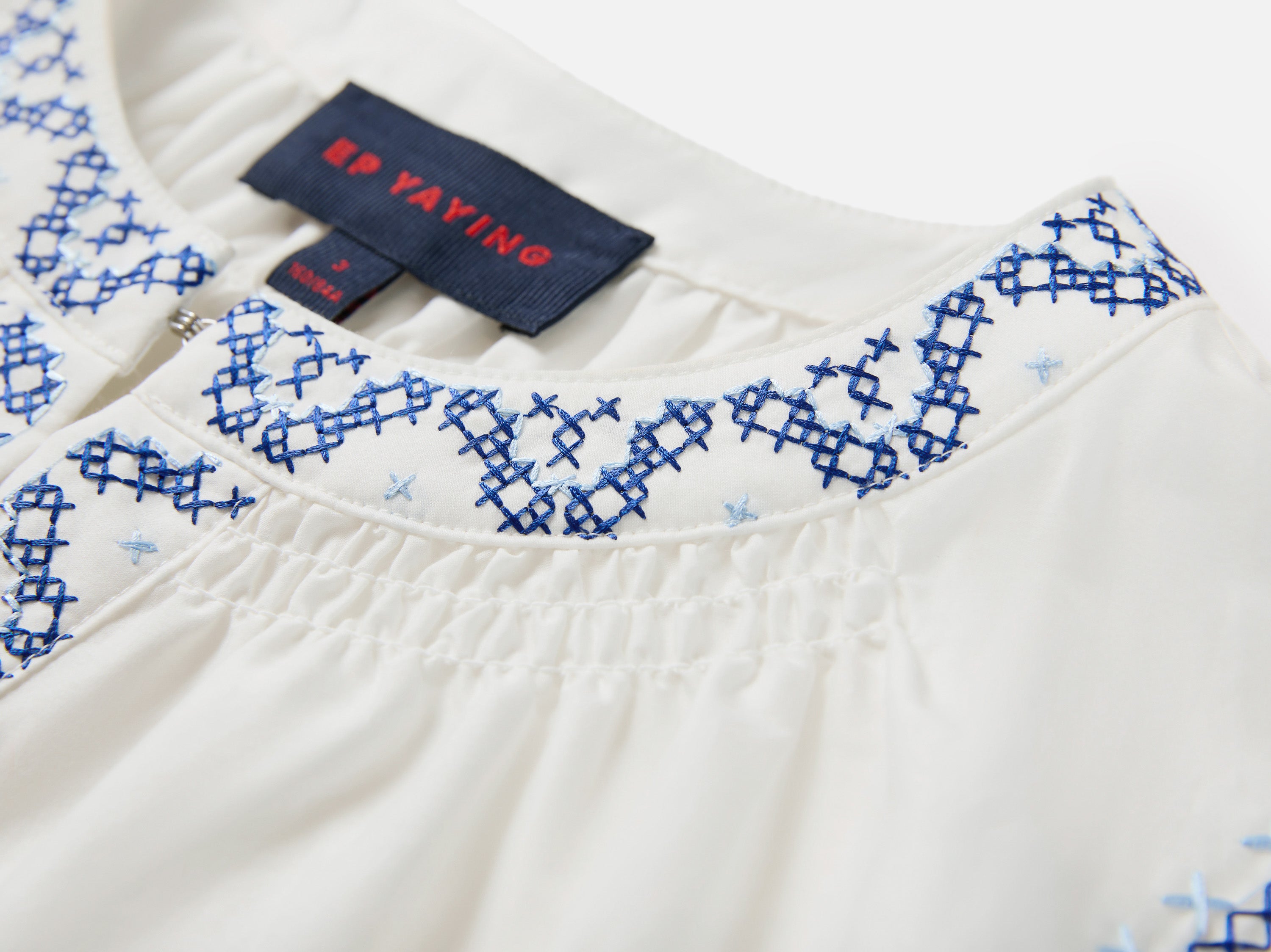 Silk-Cotton Blend Embroidered Three-Quarter Lantern Sleeve Round-Neck Shirt