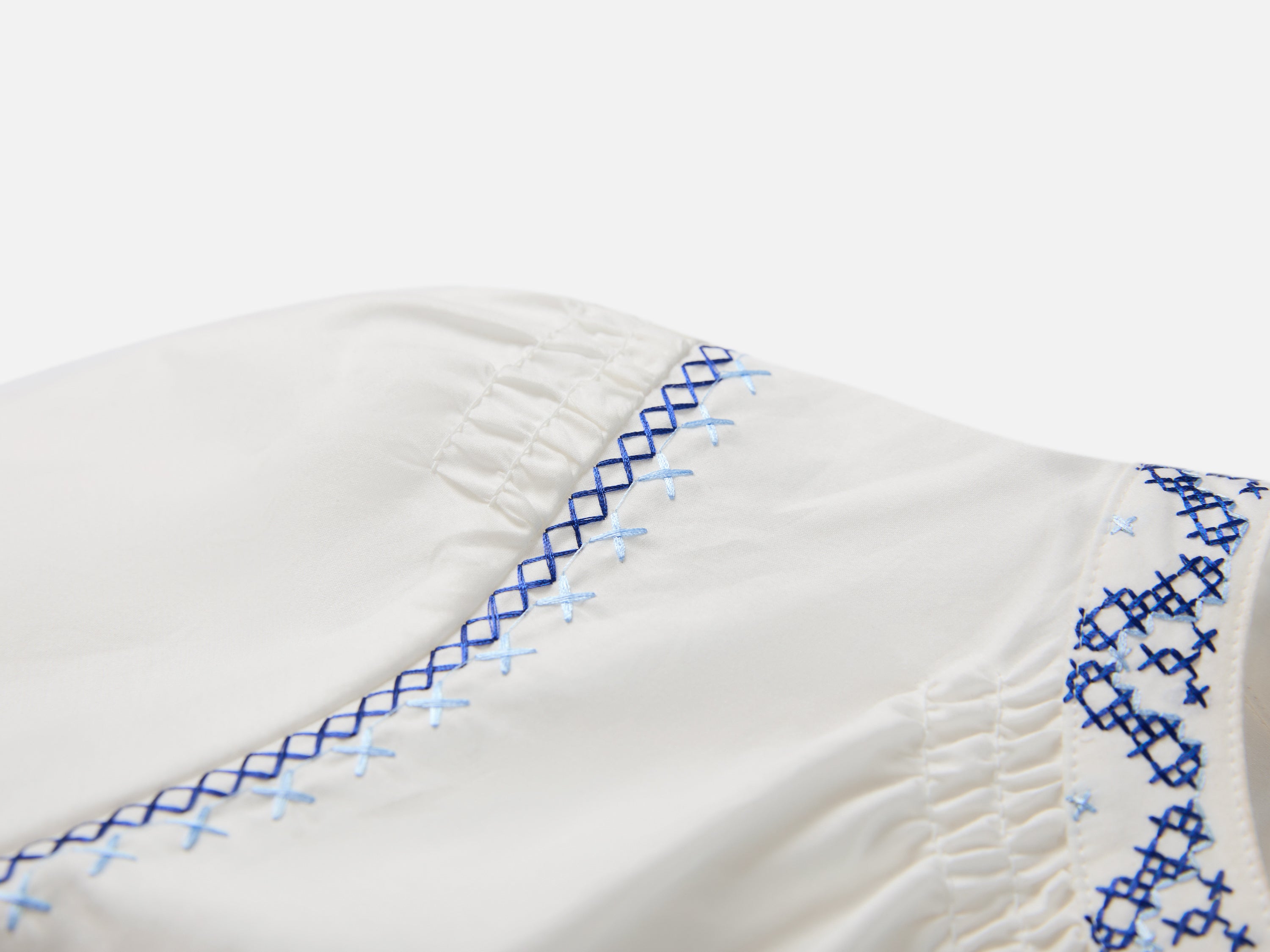 Silk-Cotton Blend Embroidered Three-Quarter Lantern Sleeve Round-Neck Shirt