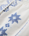 Silk-Cotton Blend Embroidered Three-Quarter Lantern Sleeve Round-Neck Shirt