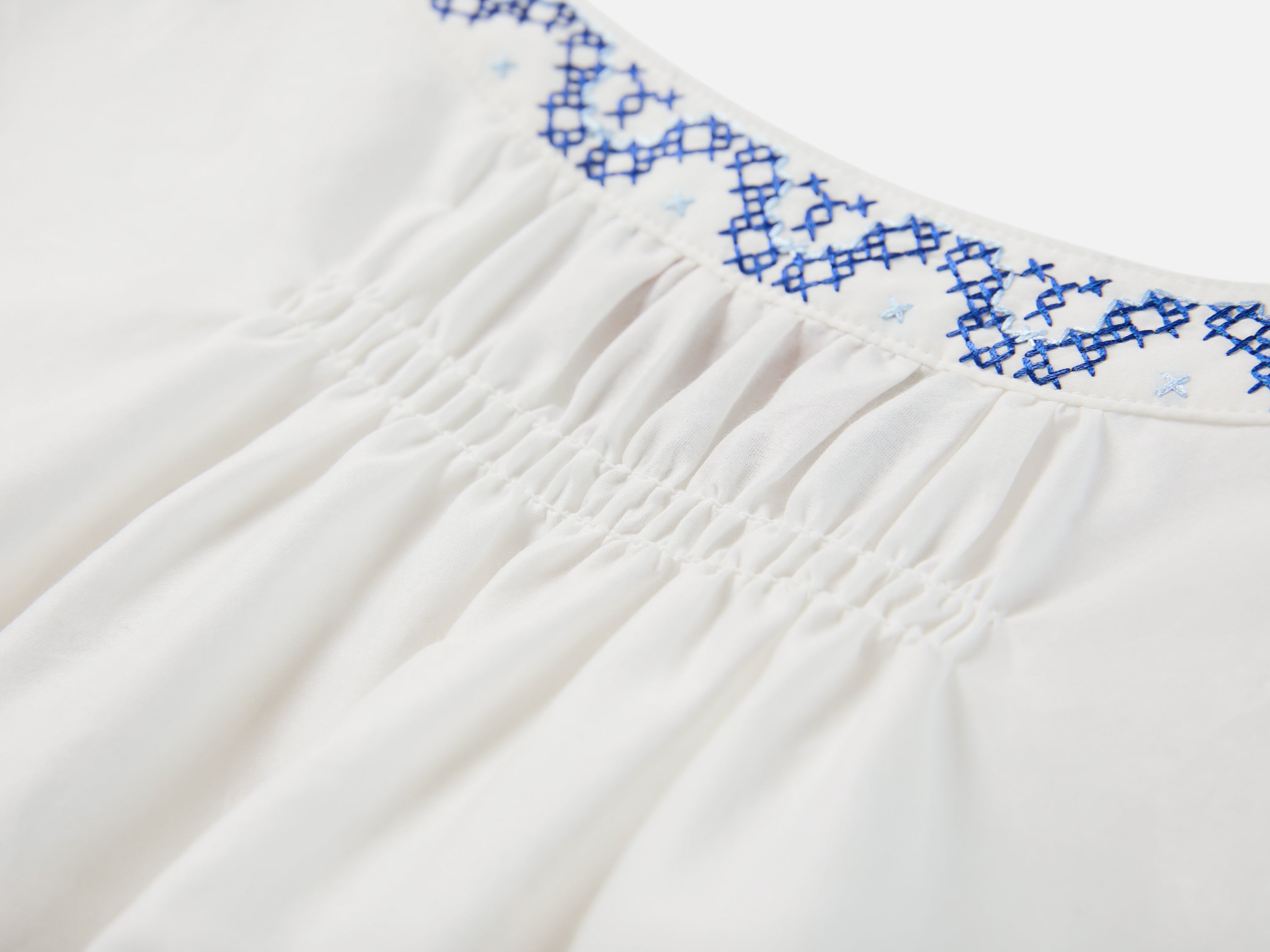 Silk-Cotton Blend Embroidered Three-Quarter Lantern Sleeve Round-Neck Shirt
