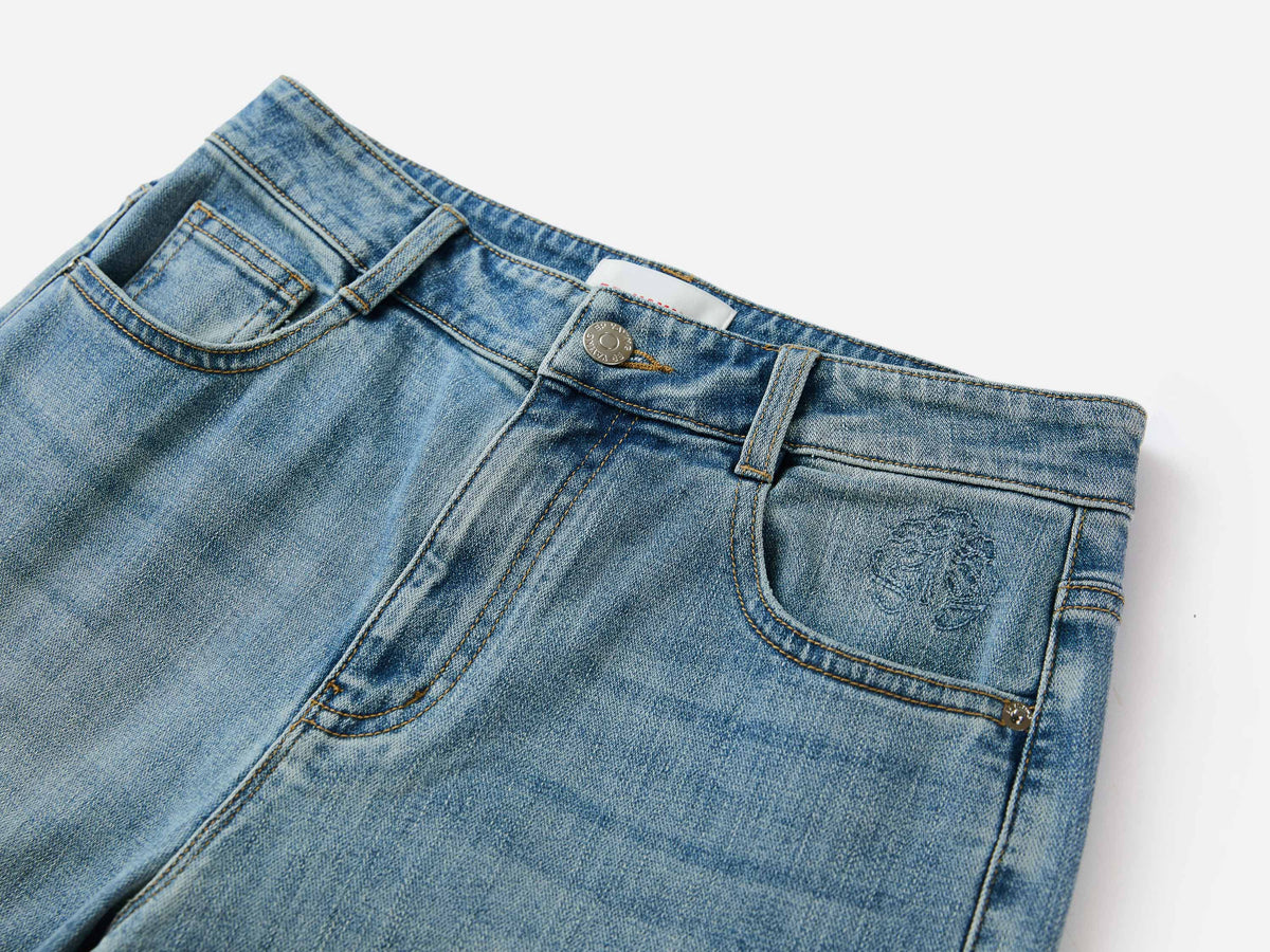 EP YAYING Rhinestone Cotton High-Waist Straight-Leg Jeans