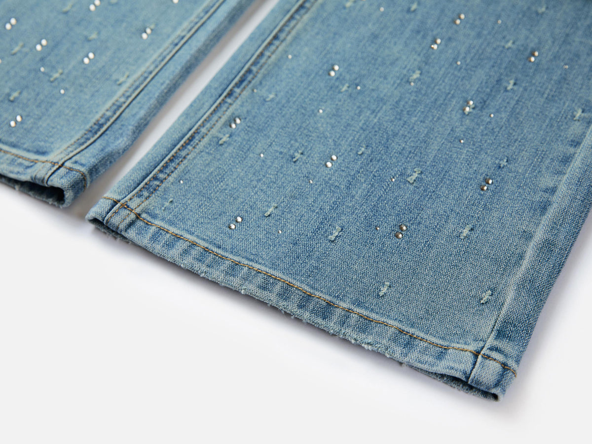 EP YAYING Rhinestone Cotton High-Waist Straight-Leg Jeans