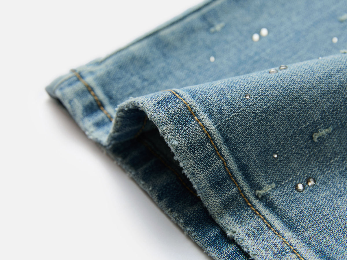 EP YAYING Rhinestone Cotton High-Waist Straight-Leg Jeans