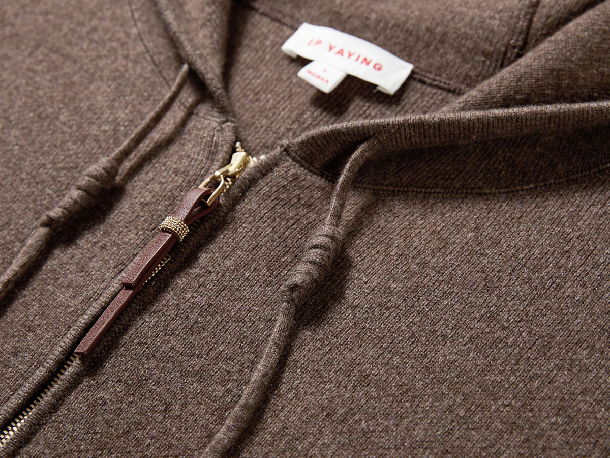 EP YAYING Brown Zip Cashmere Hooded Knit Jacket