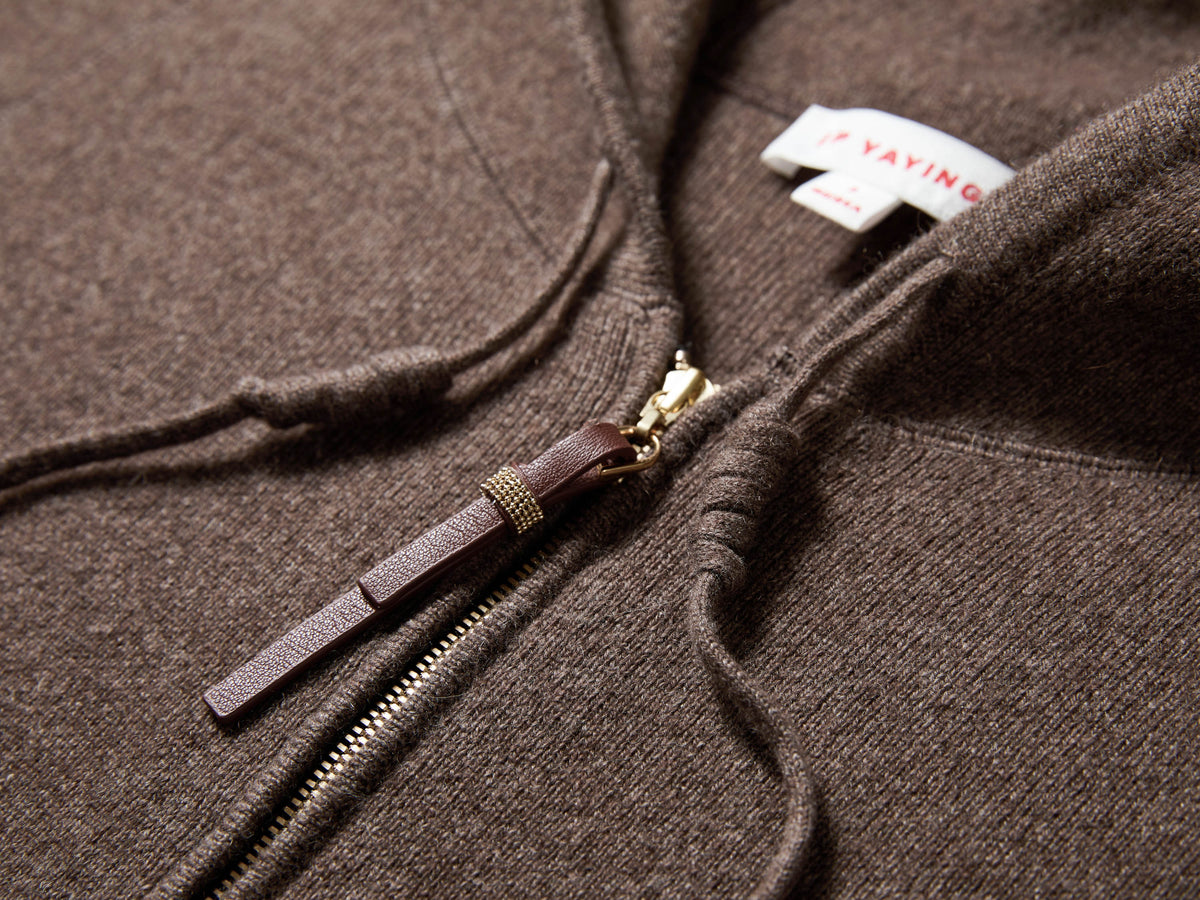 EP YAYING Brown Zip Cashmere Hooded Knit Jacket