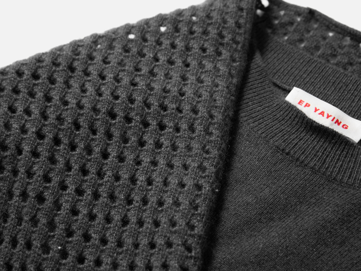 EP YAYING Openwork Shawl-Collar Cashmere Knit Top