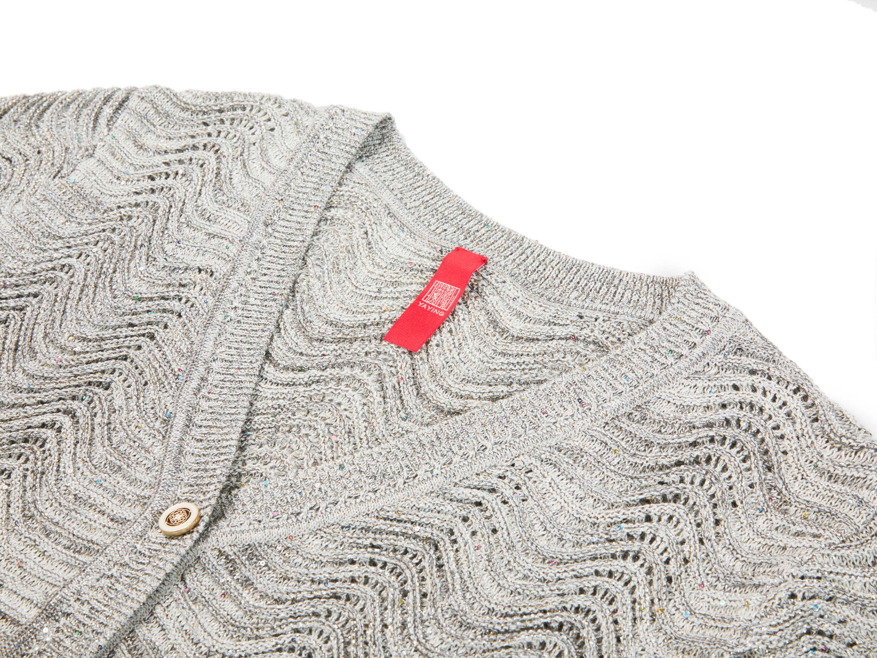 YAYING Silk-Cotton Wave Knit V-Neck Cardigan