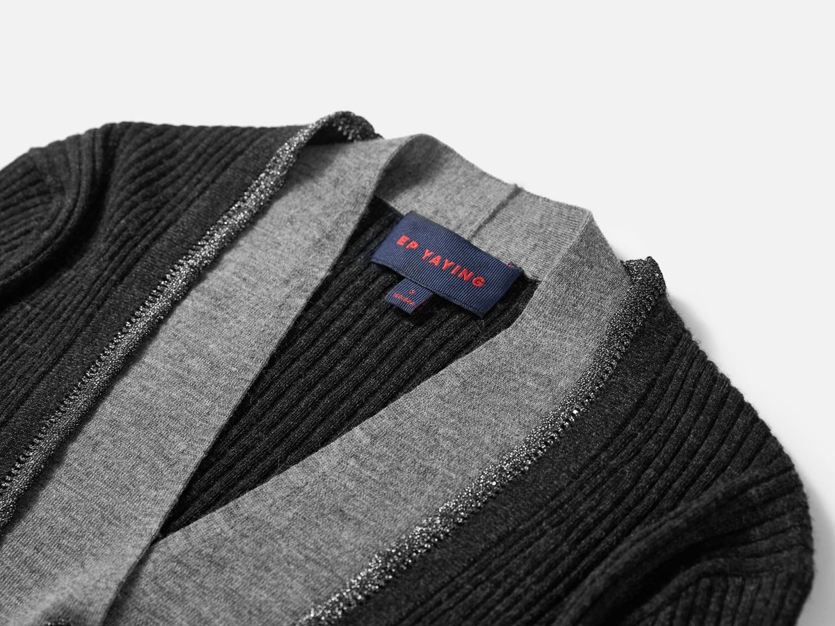 EP YAYING Blue Label Wool Color-Block V-Neck Slim Knit Cardigan