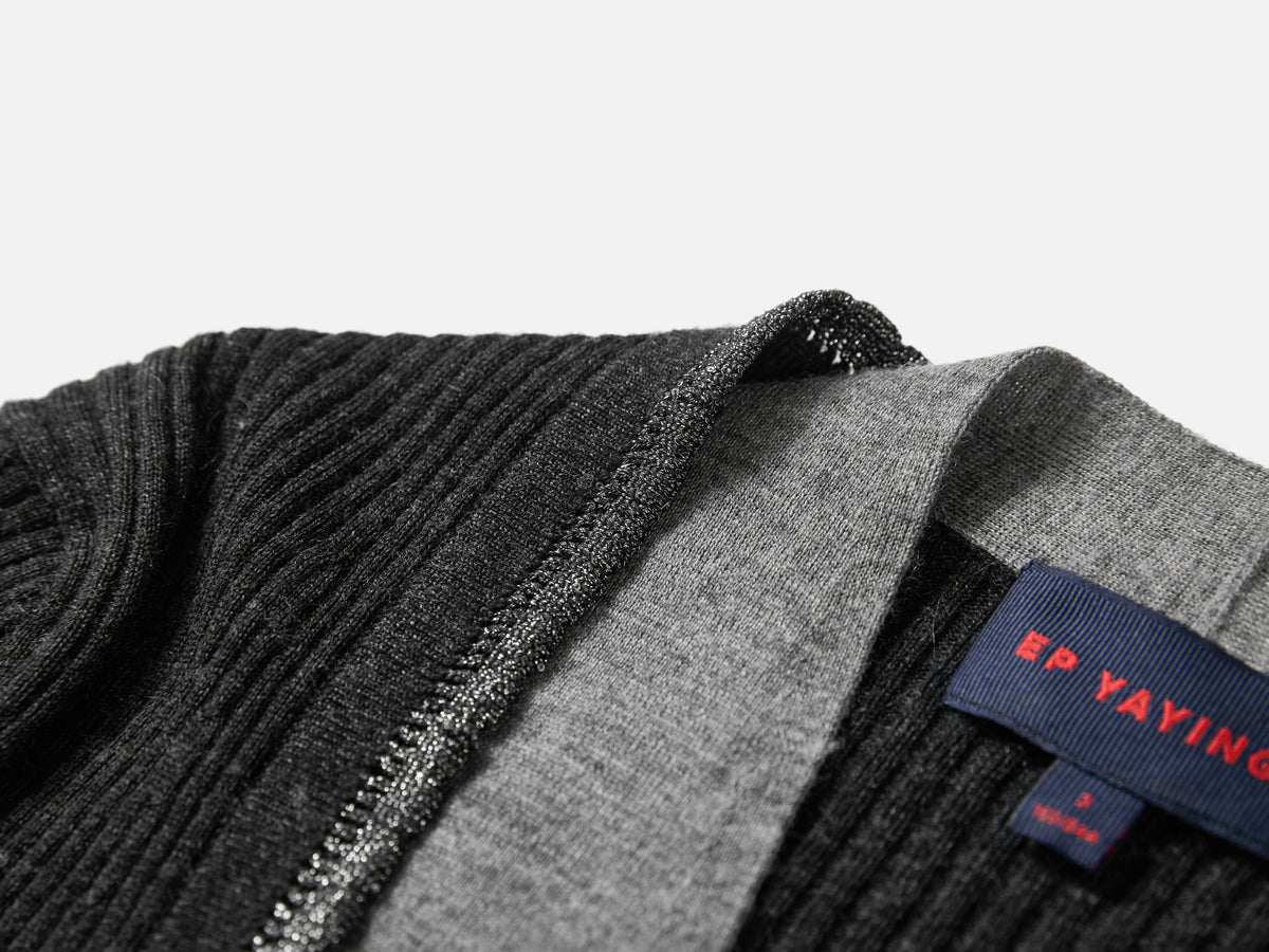 EP YAYING Blue Label Wool Color-Block V-Neck Slim Knit Cardigan