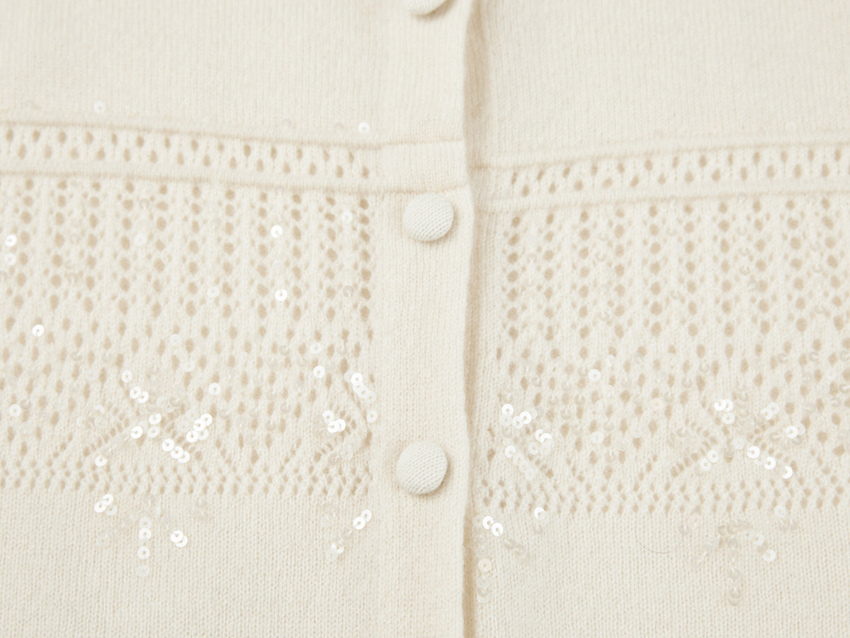 EP YAYING Mock-Neck Sequin Jacquard Cashmere Cardigan