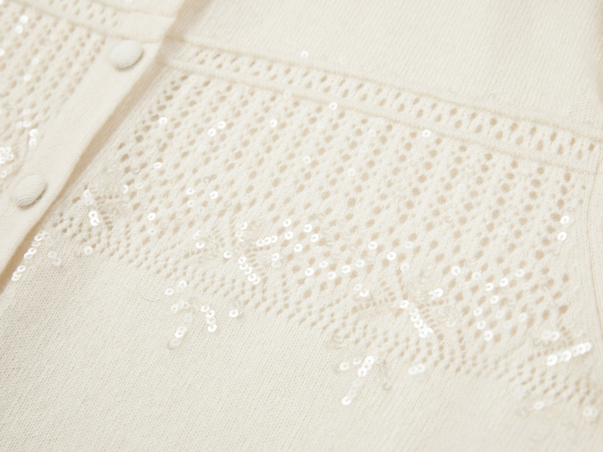 EP YAYING Mock-Neck Sequin Jacquard Cashmere Cardigan