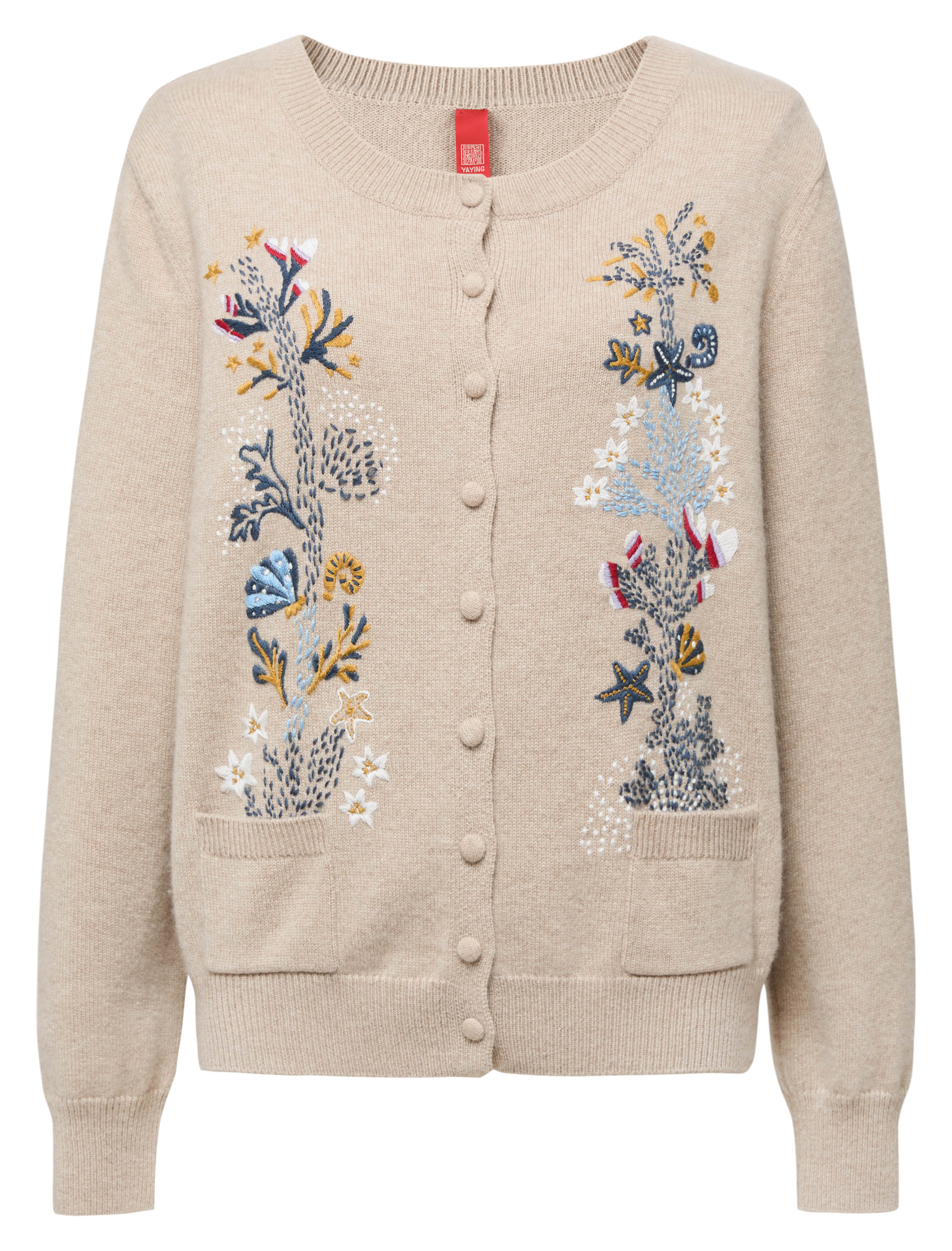 YAYING Oatmeal Embroidered Wool Cashmere Cardigan