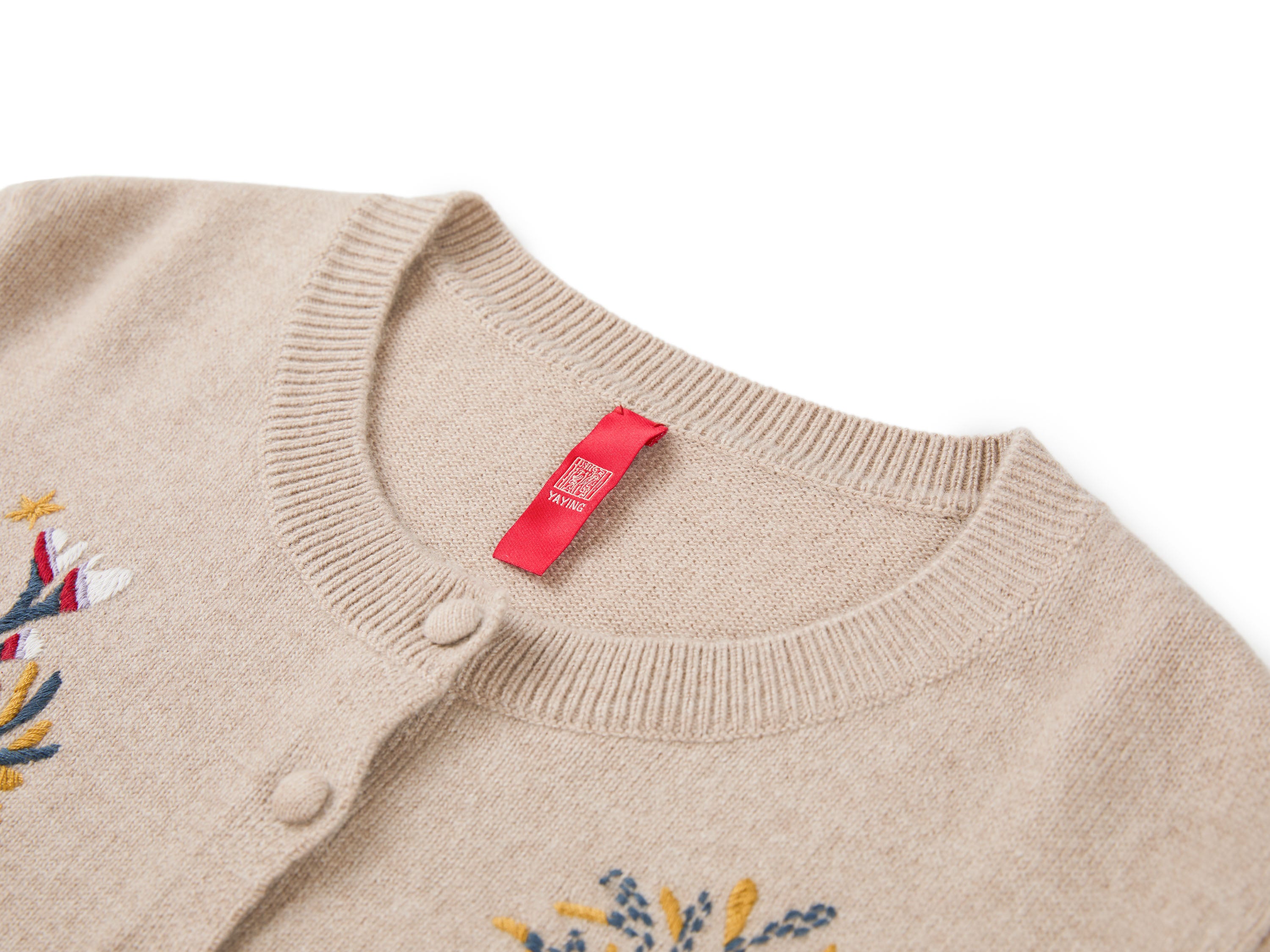 YAYING Oatmeal Embroidered Wool Cashmere Cardigan