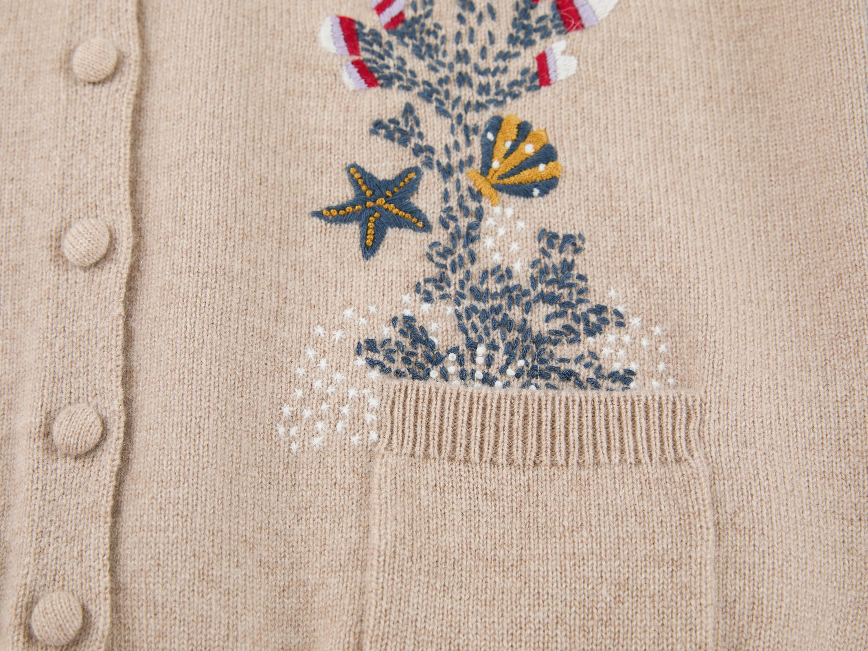 YAYING Oatmeal Embroidered Wool Cashmere Cardigan
