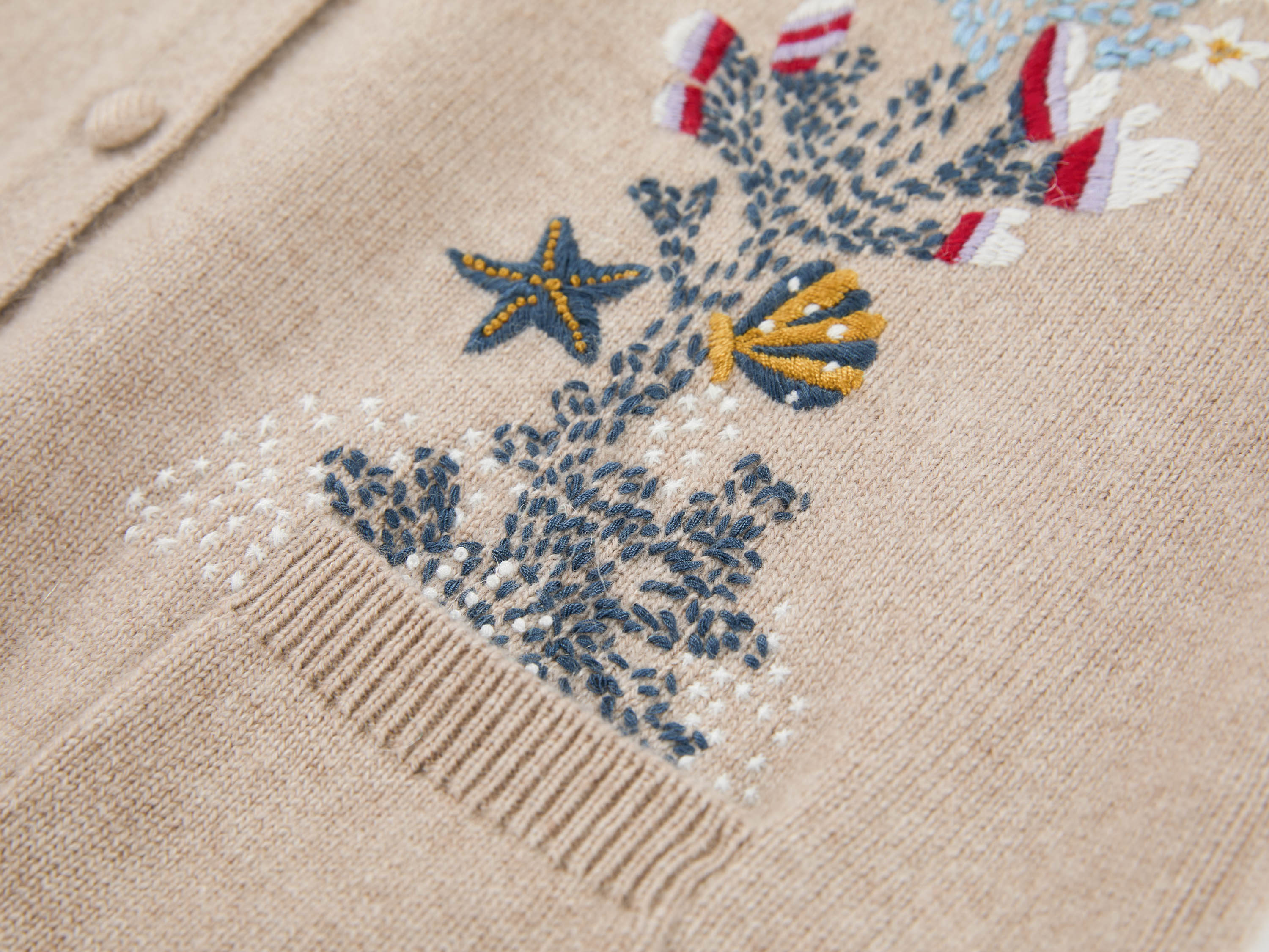 YAYING Oatmeal Embroidered Wool Cashmere Cardigan