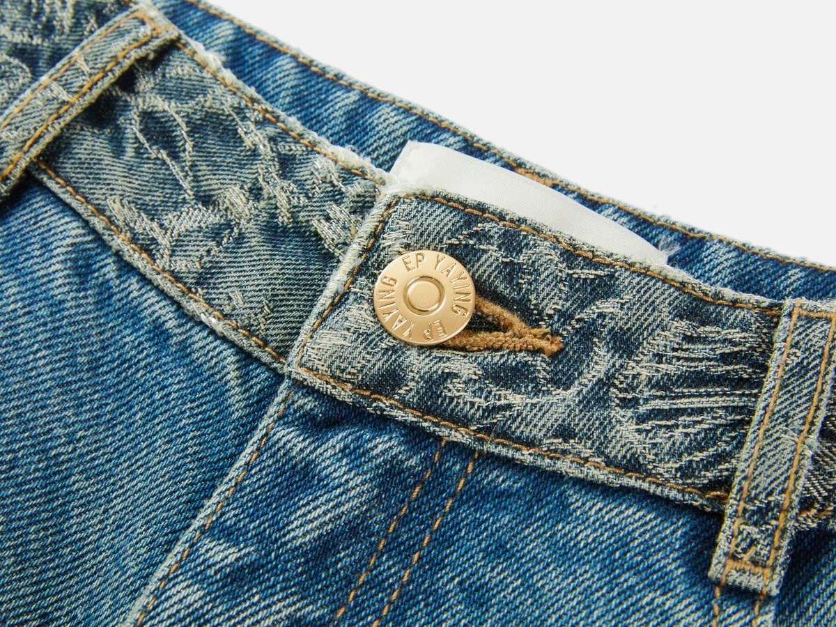 EP YAYING Sophisticated High-Waist Cotton Jacquard Blue Jeans