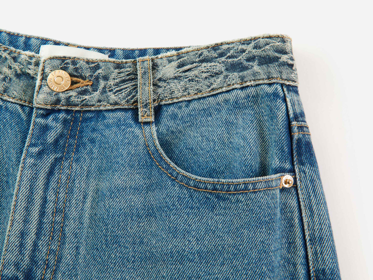 EP YAYING Sophisticated High-Waist Cotton Jacquard Blue Jeans