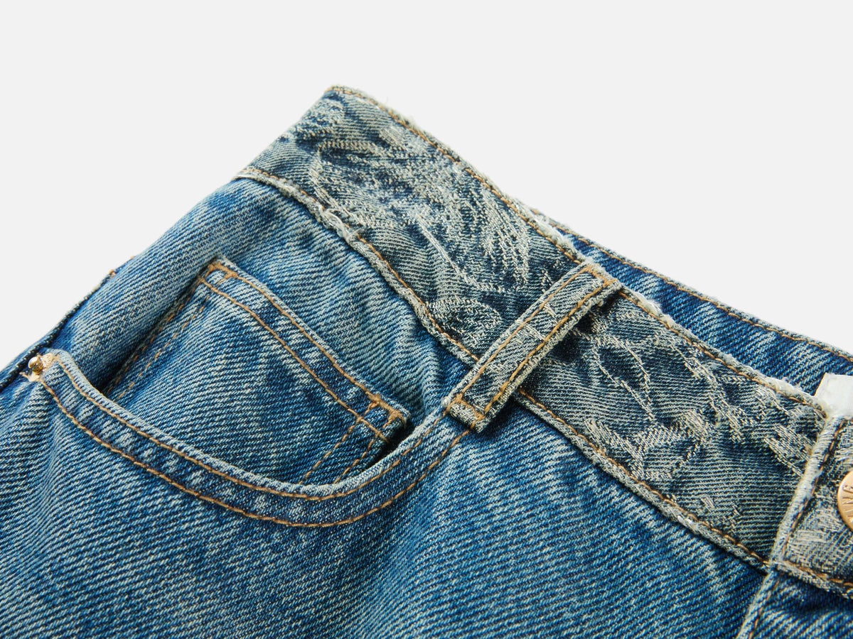 EP YAYING Sophisticated High-Waist Cotton Jacquard Blue Jeans
