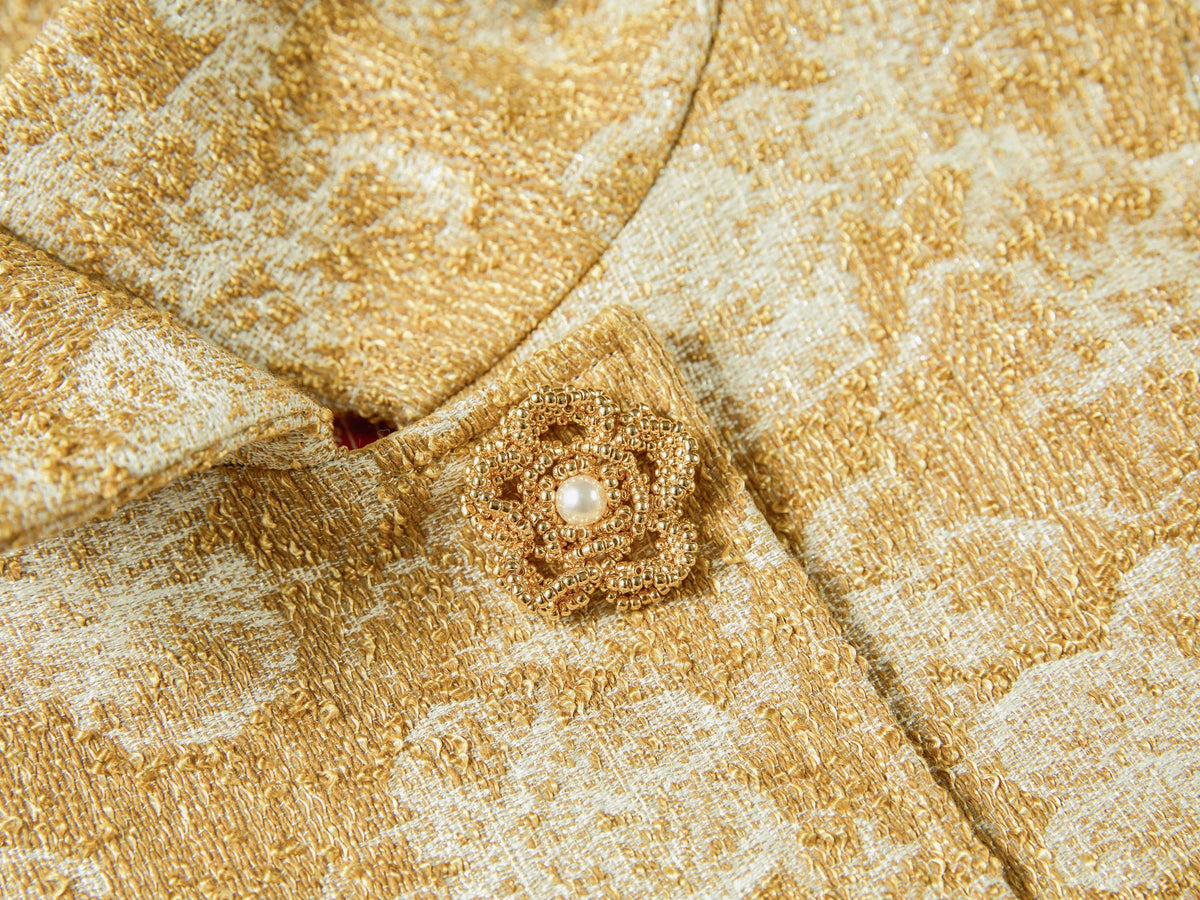 YAYING Gilded Jacquard Mandarin-Collar Mid-Length Coat