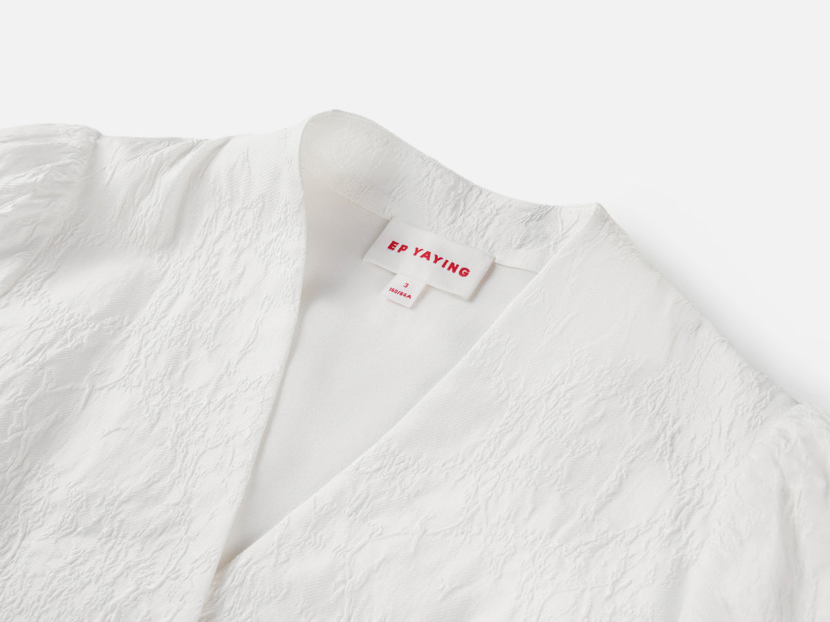 EP YAYING Mulberry Silk White V-Neck Jacquard Jacket