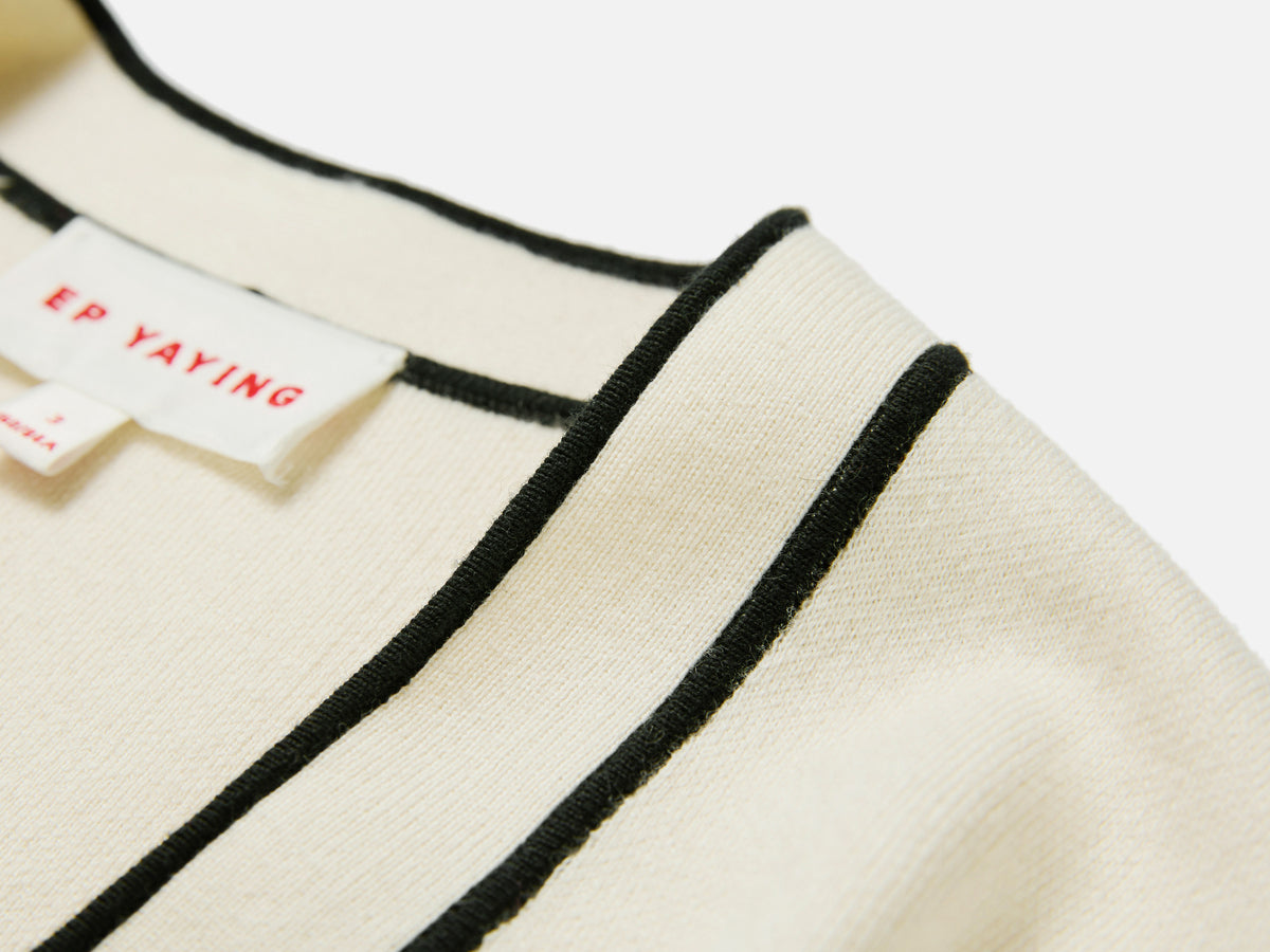 EP YAYING Cotton Cashmere Blended V-Neck Color-Block Knit Cardigan