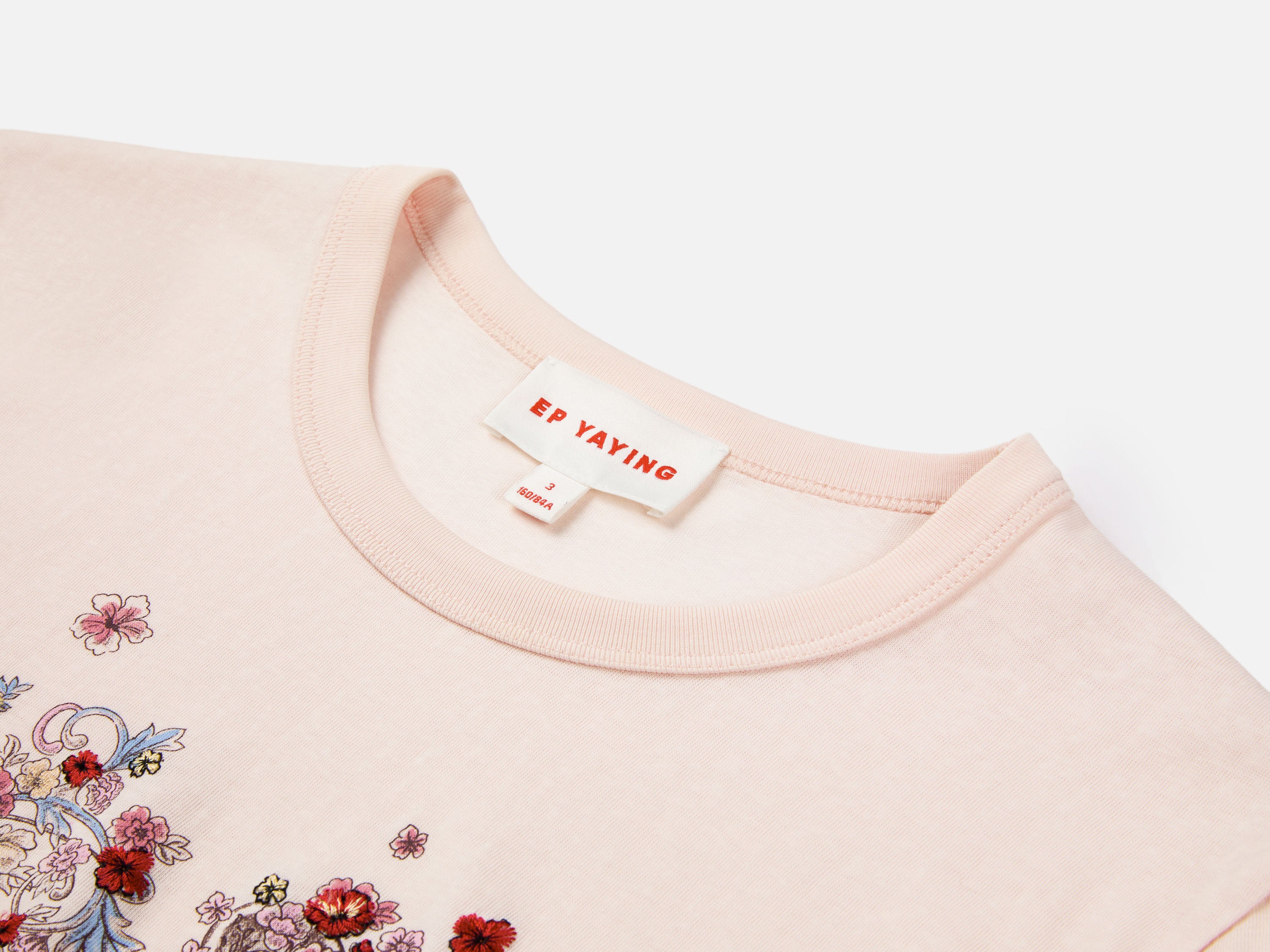EP YAYING Bamboo Cotton Round Neck Embroidered Floral Short Sleeve Top