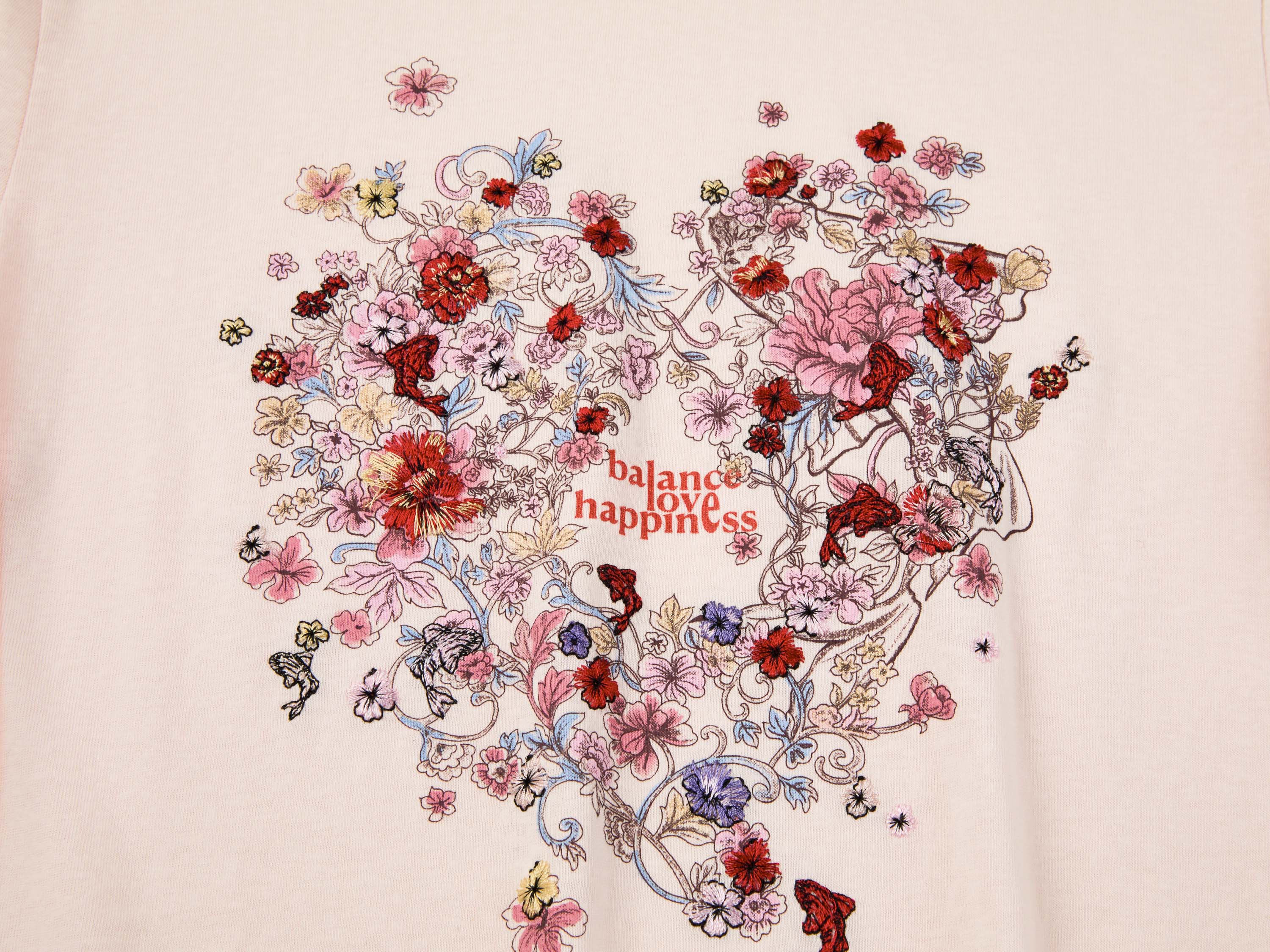 EP YAYING Bamboo Cotton Round Neck Embroidered Floral Short Sleeve Top
