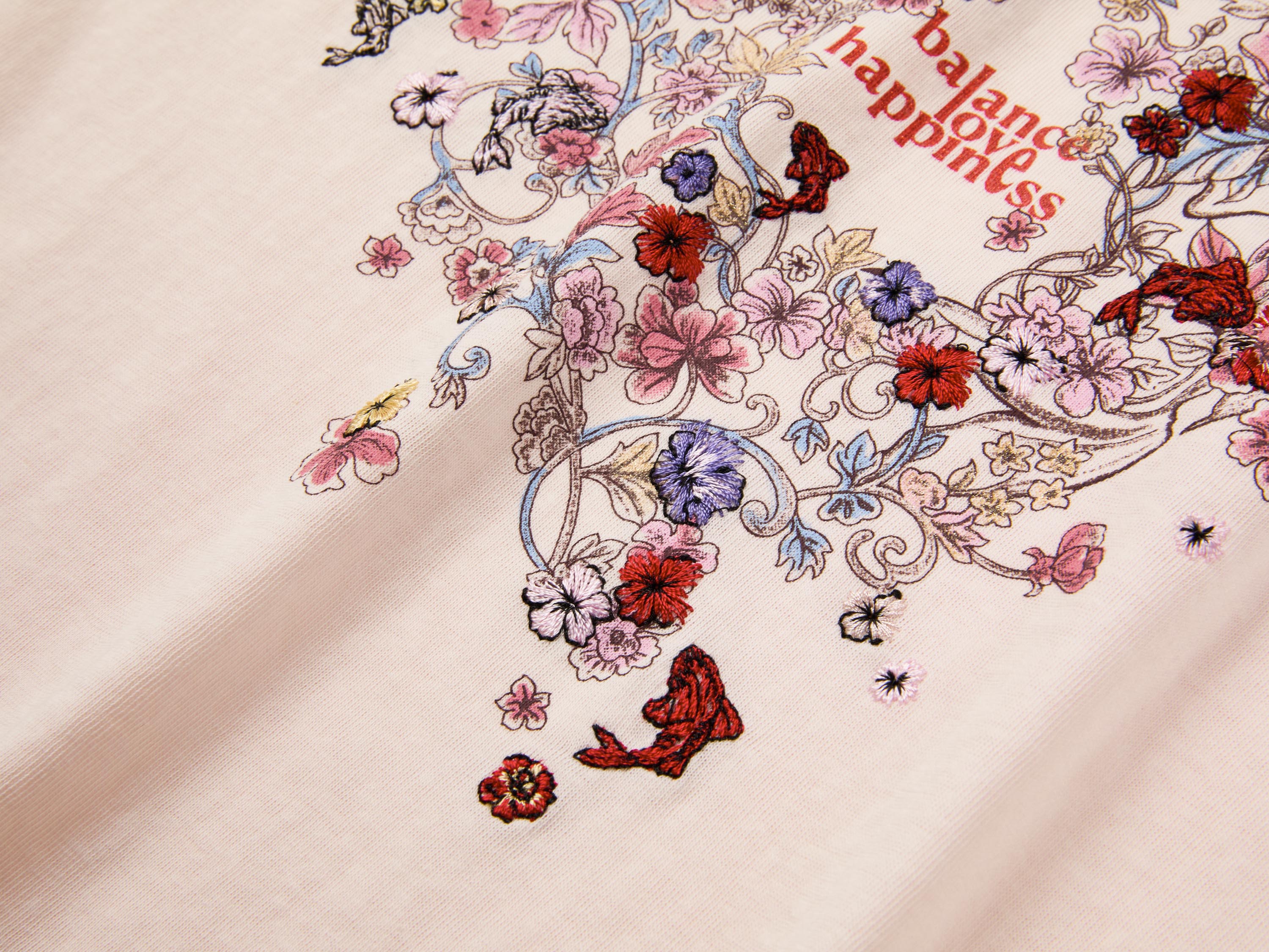 EP YAYING Bamboo Cotton Round Neck Embroidered Floral Short Sleeve Top