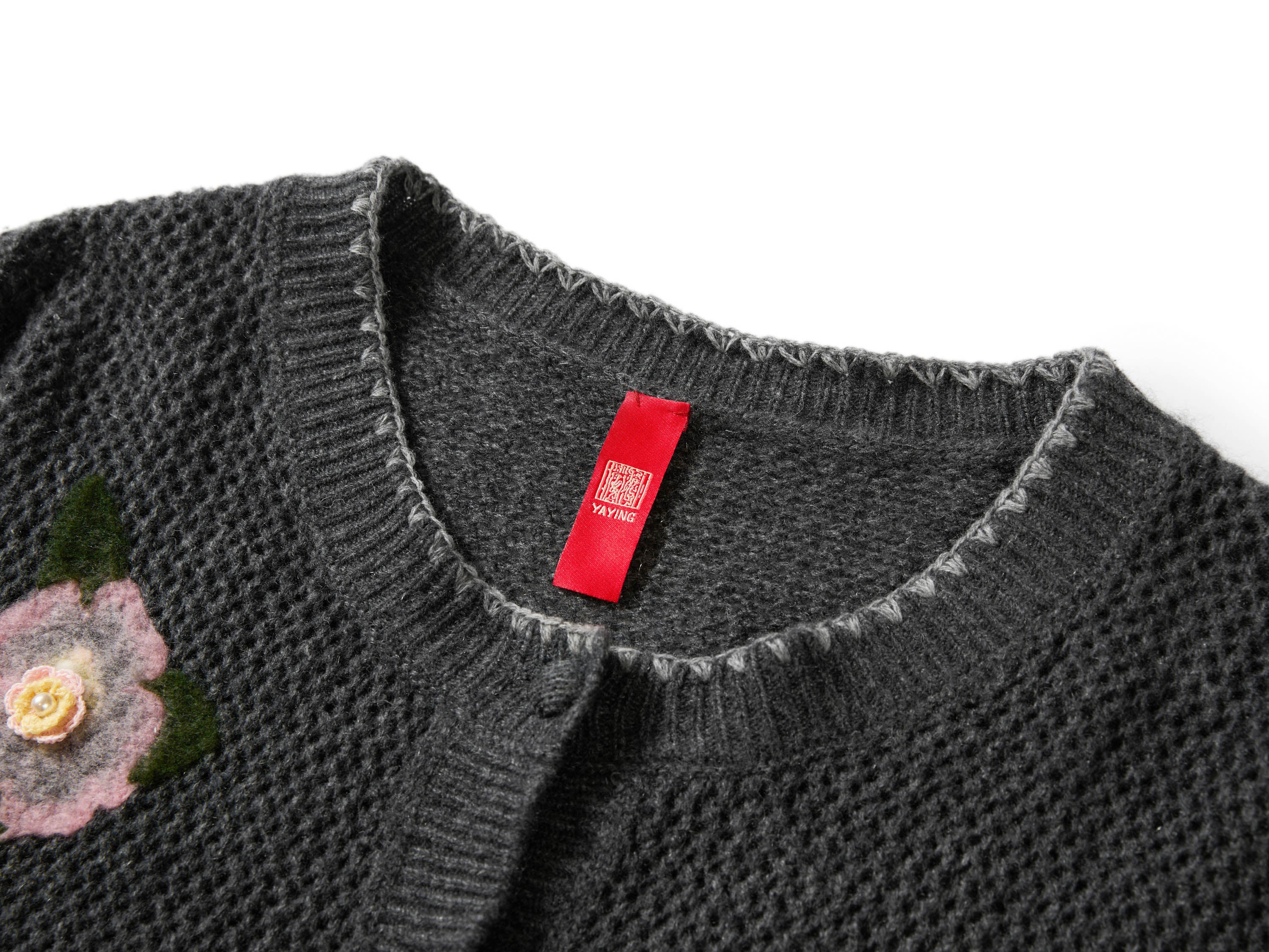 YAYING Crew Neck Flocked Cashmere Knit Cardigan