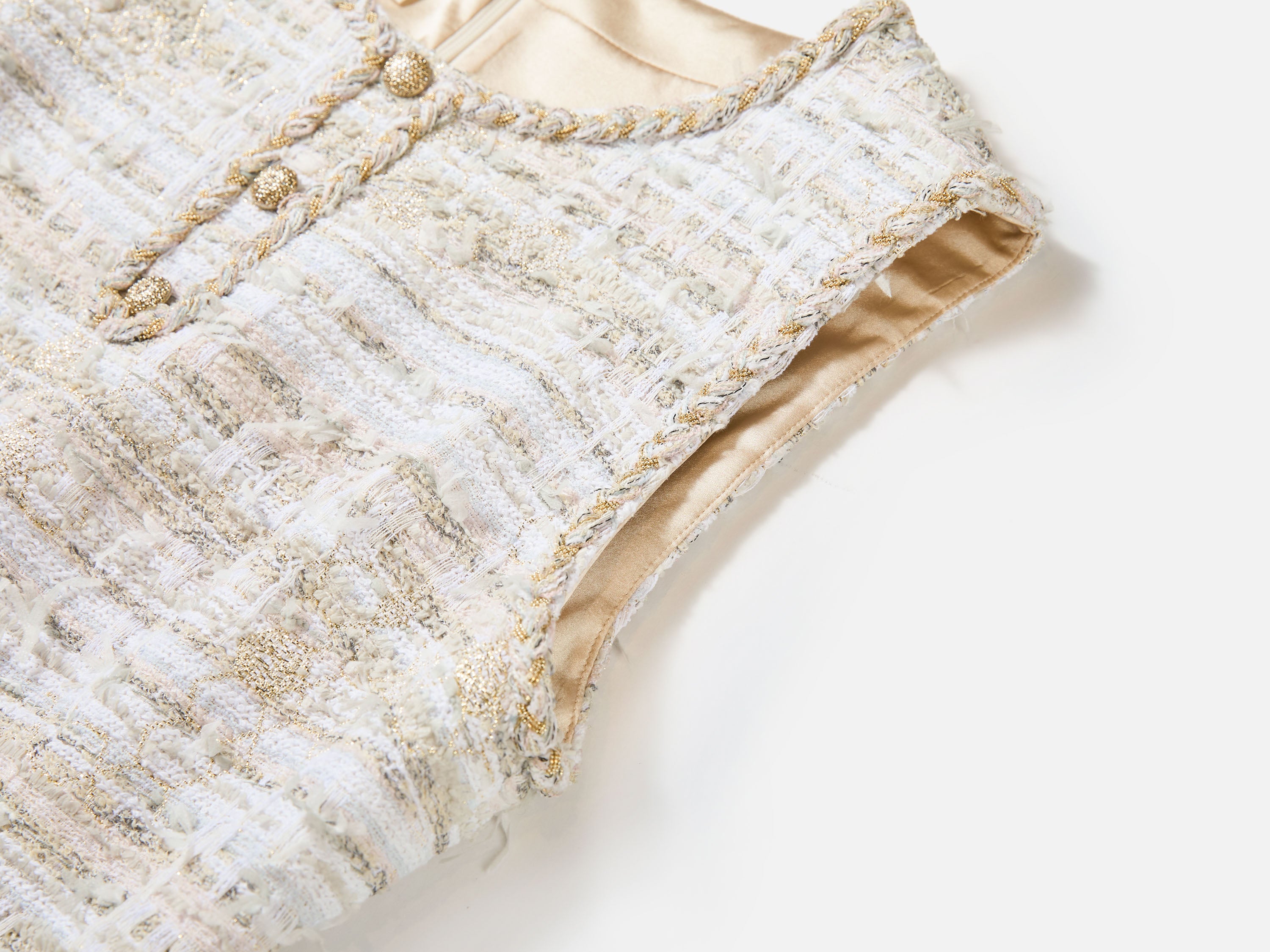EP YAYING Light Gold Handcrafted Tweed Sleeveless Dress