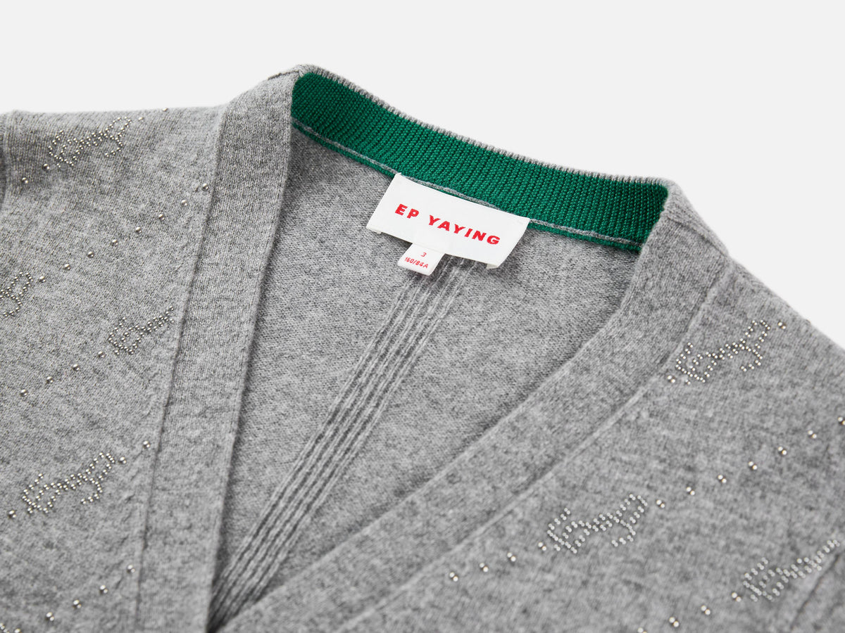 EP YAYING Wool Cashmere V-Neck Sequin Knit Cardigan Sweater