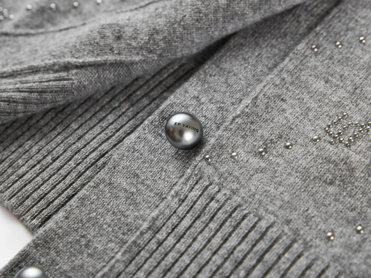 EP YAYING Wool Cashmere V-Neck Sequin Knit Cardigan Sweater