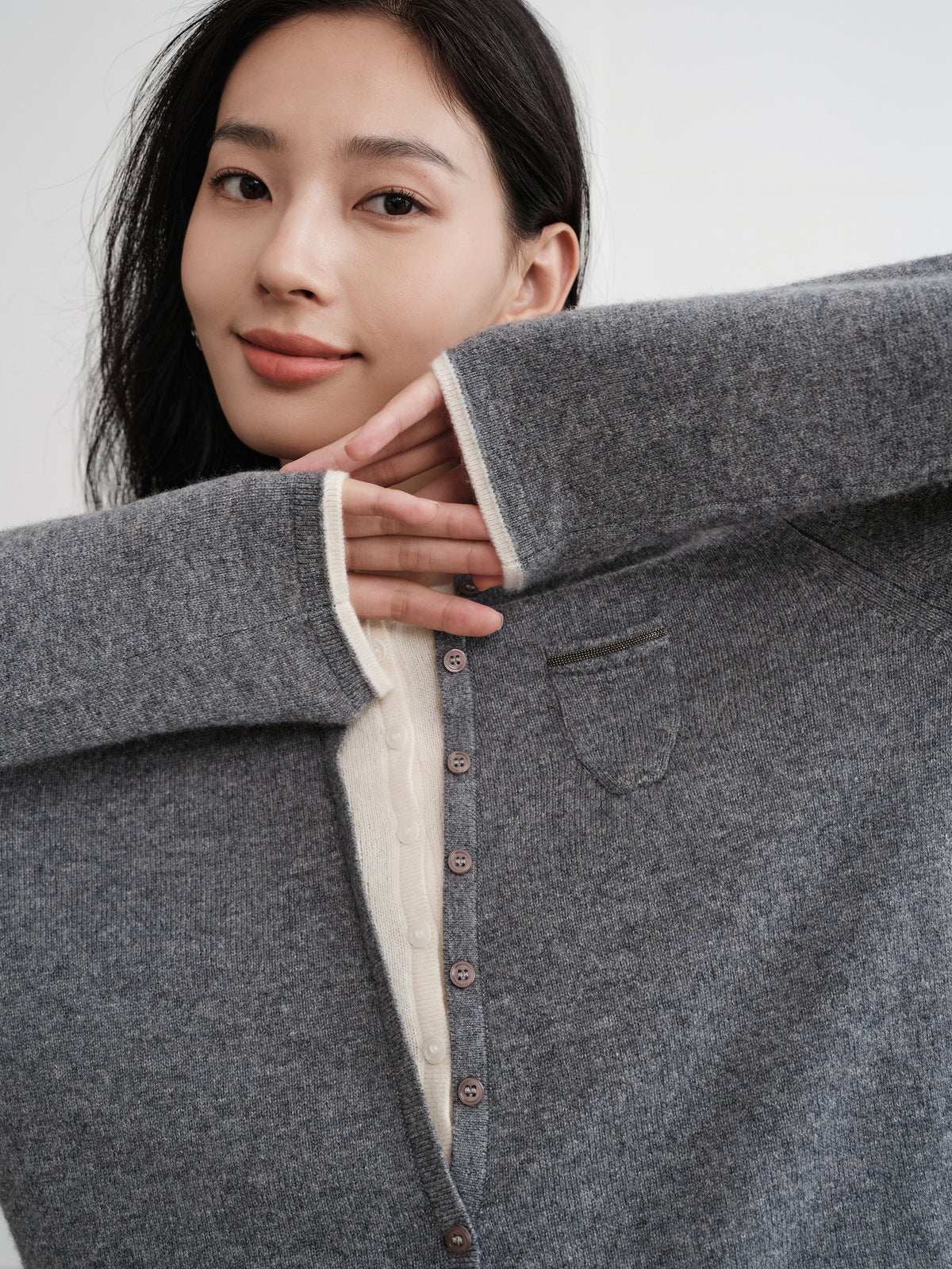 EP YAYING Layered Collar Soft Wool Cashmere Old Money Style Sweater