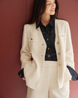 EP YAYING Wool V-Neck Elegant Tweed-Style Plaid Woolen Blazer