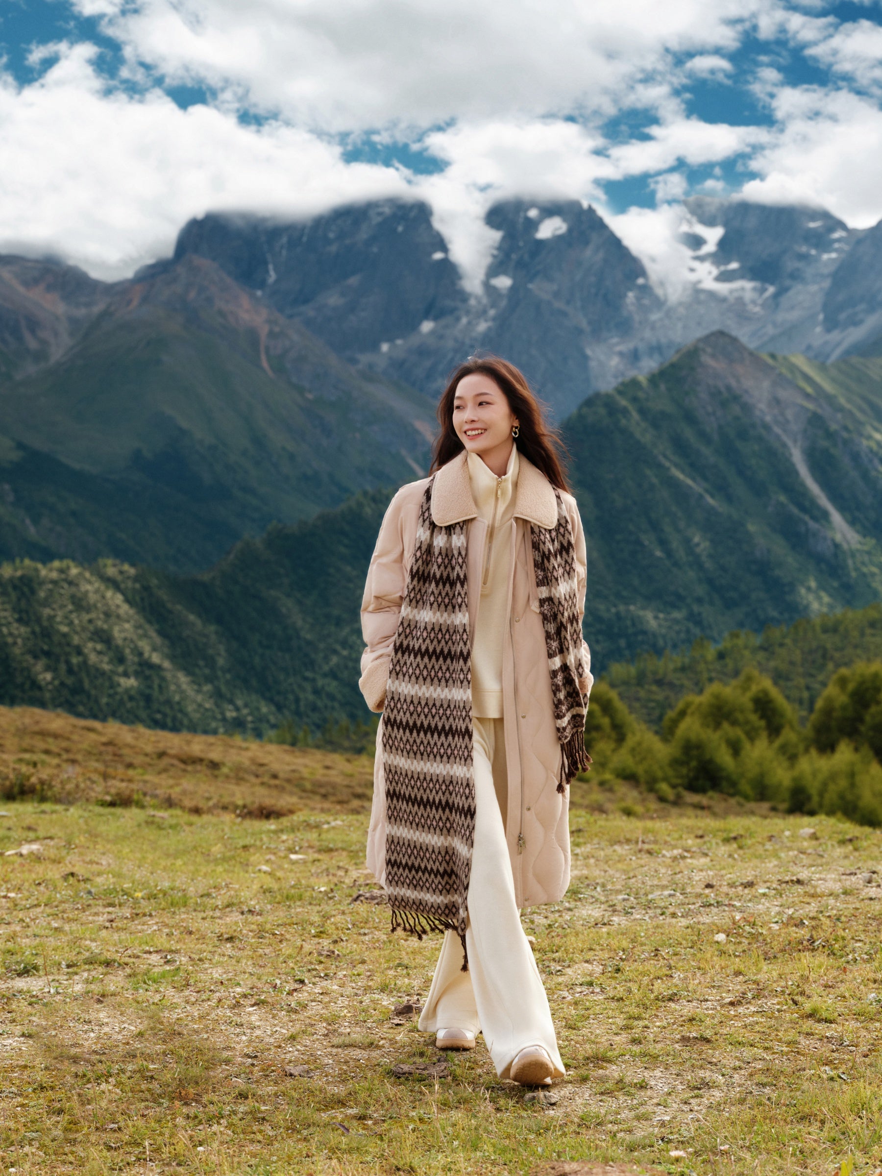 EP YAYING Goose Down Long Coat with Contrast Collar