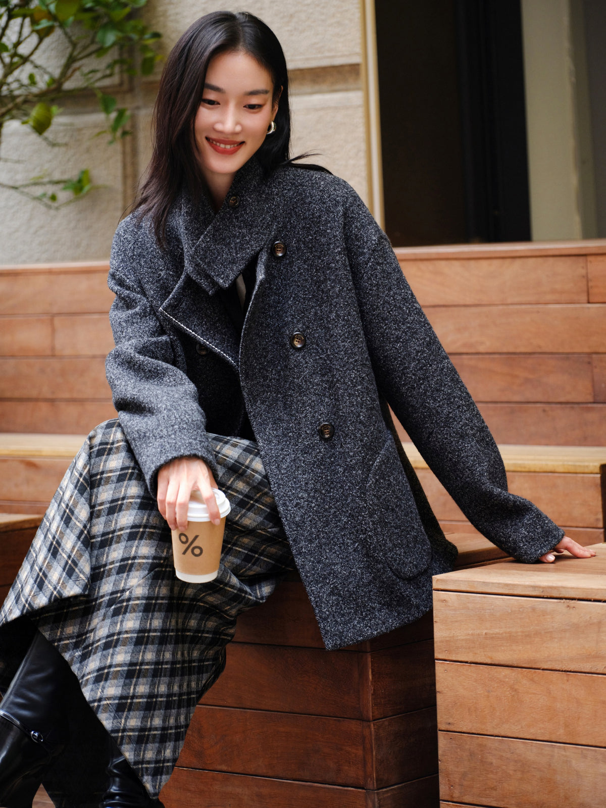 EP YAYING British Style Bouclé Wool Yak Wool Woolen Coat