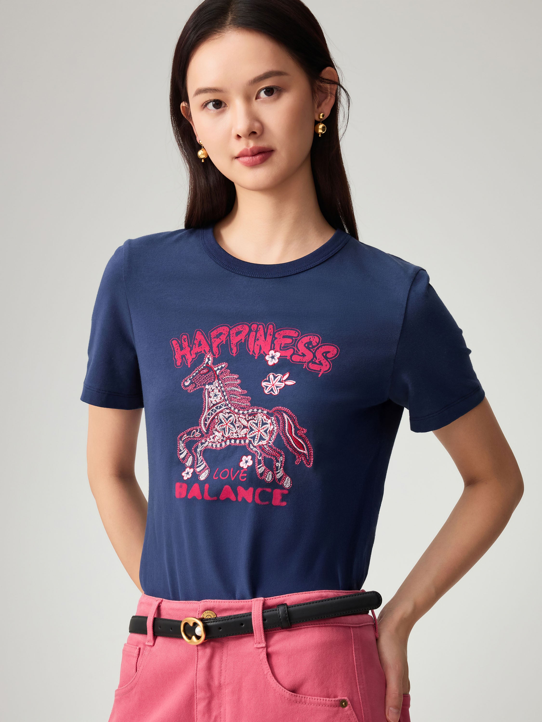 EP YAYING Embroidered Cotton T-Shirt
