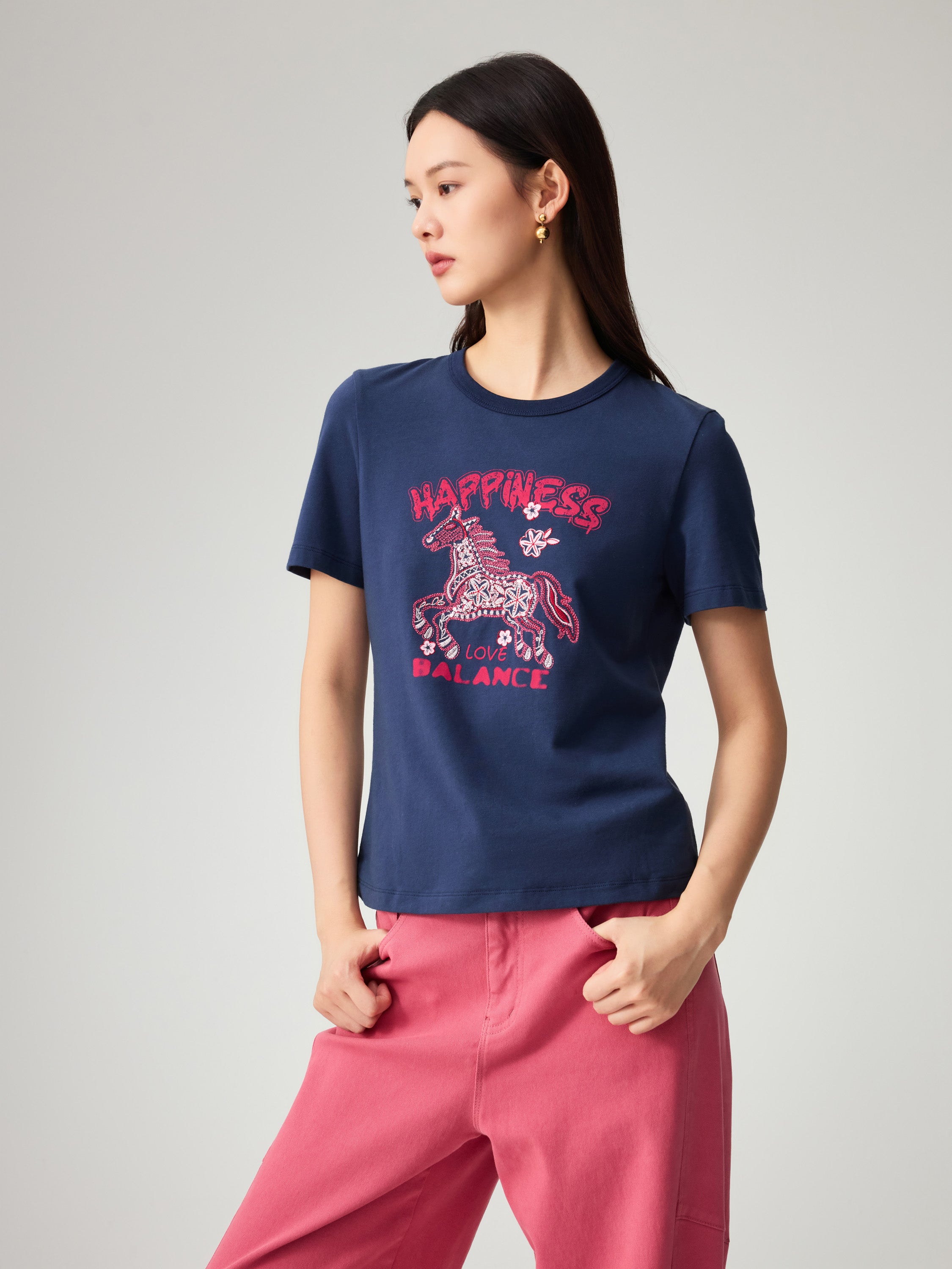 EP YAYING Embroidered Cotton T-Shirt